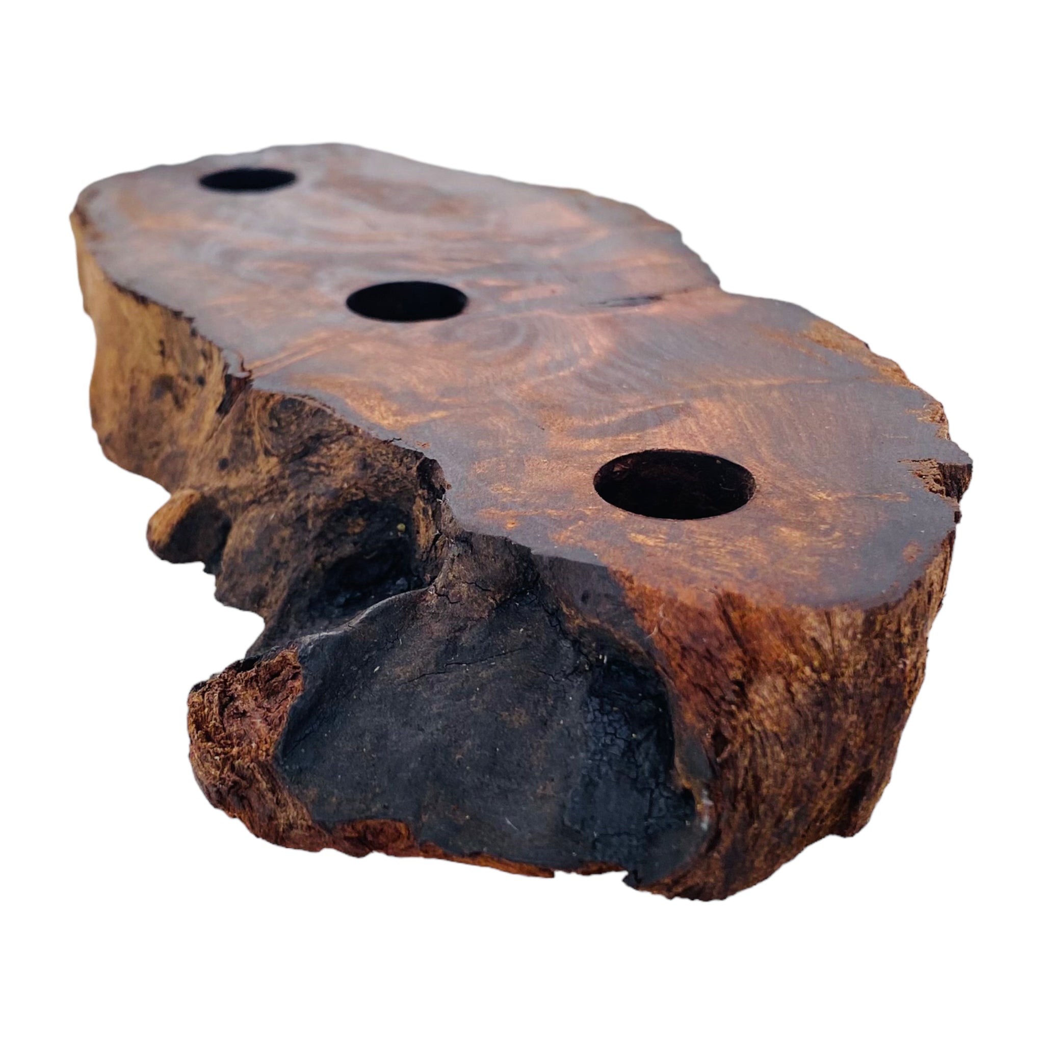 3 Hole Wood Display Stand Holder For 14mm Bong Bowl Pieces Or Quartz Bangers - Red Wood Burl With Live Edge #2