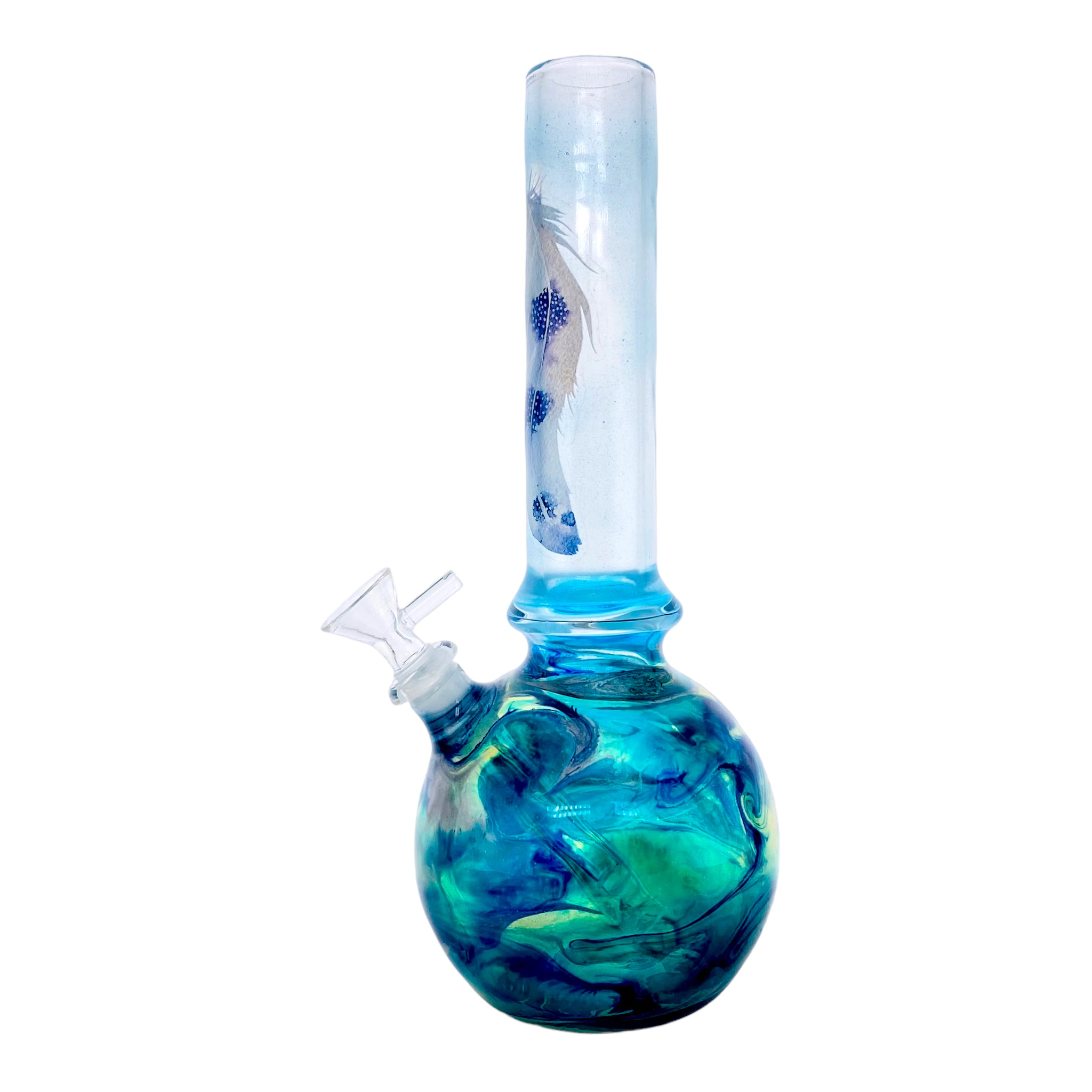 Oregon Blown Glass - Blue And Green With Leaf Decal Bubble Base Bong