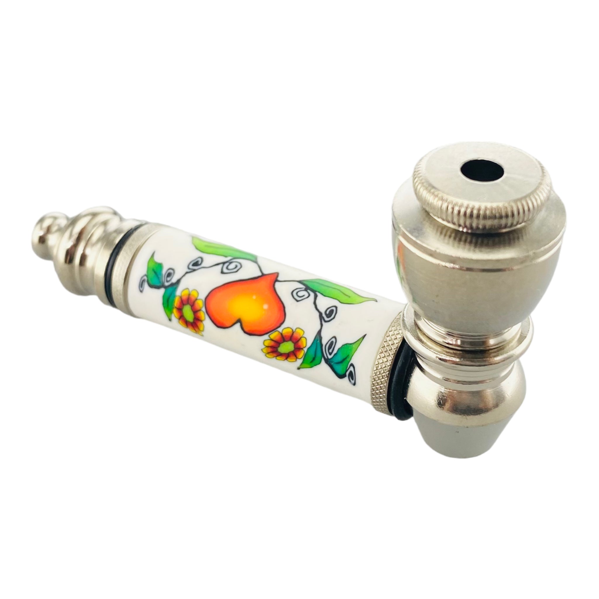 Silver Chrome Hand Pipe With Orange Heart And Flowers