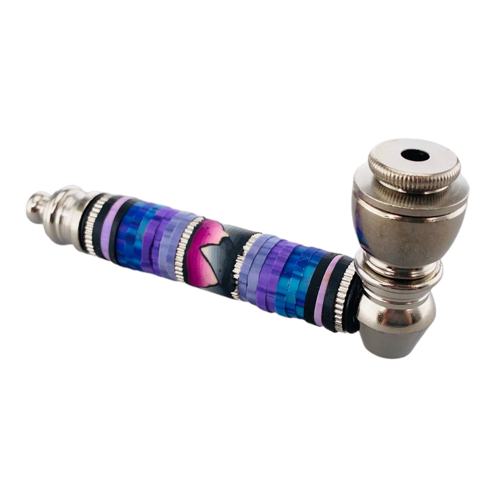Silver Chrome Hand Pipe With Blue And Purple Design