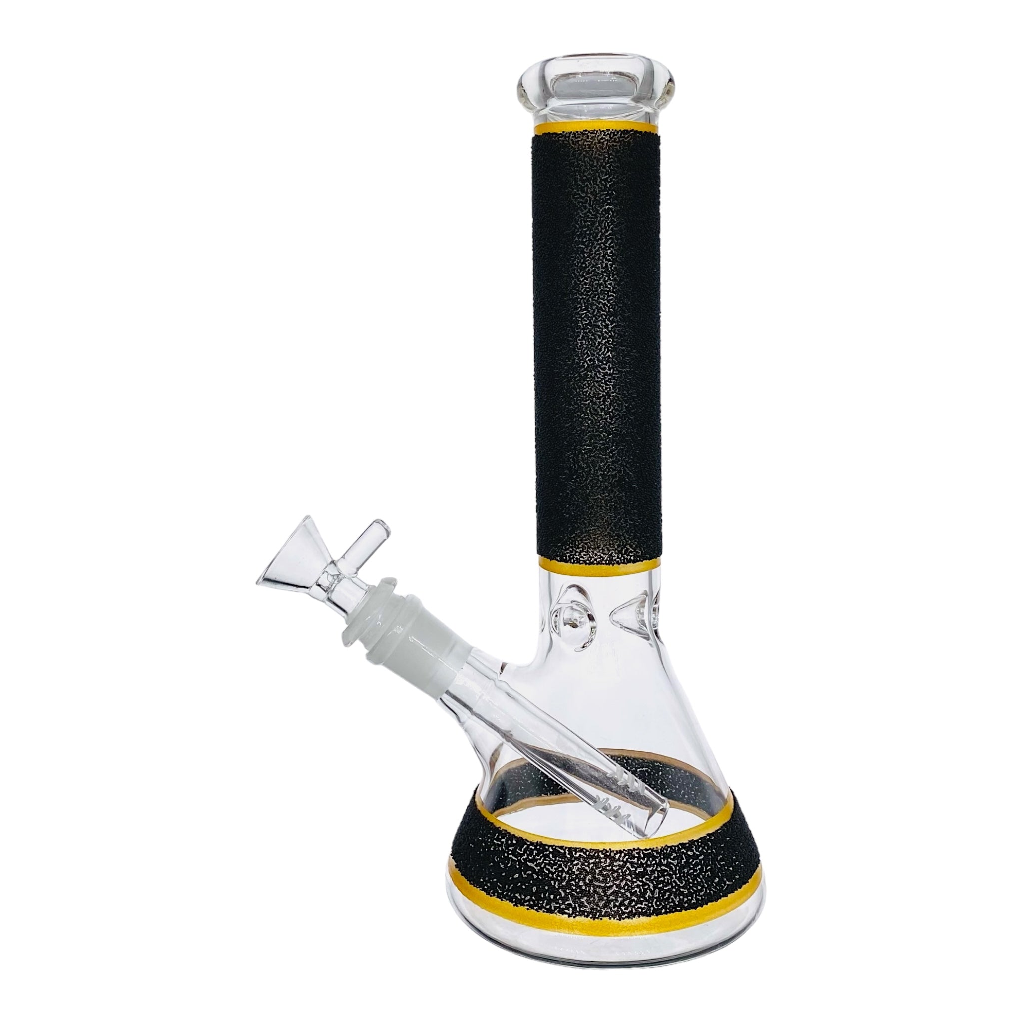 small travel bong 10 Inch Beaker Glass Bong With Black Slag Frit And Gold Bands for sale