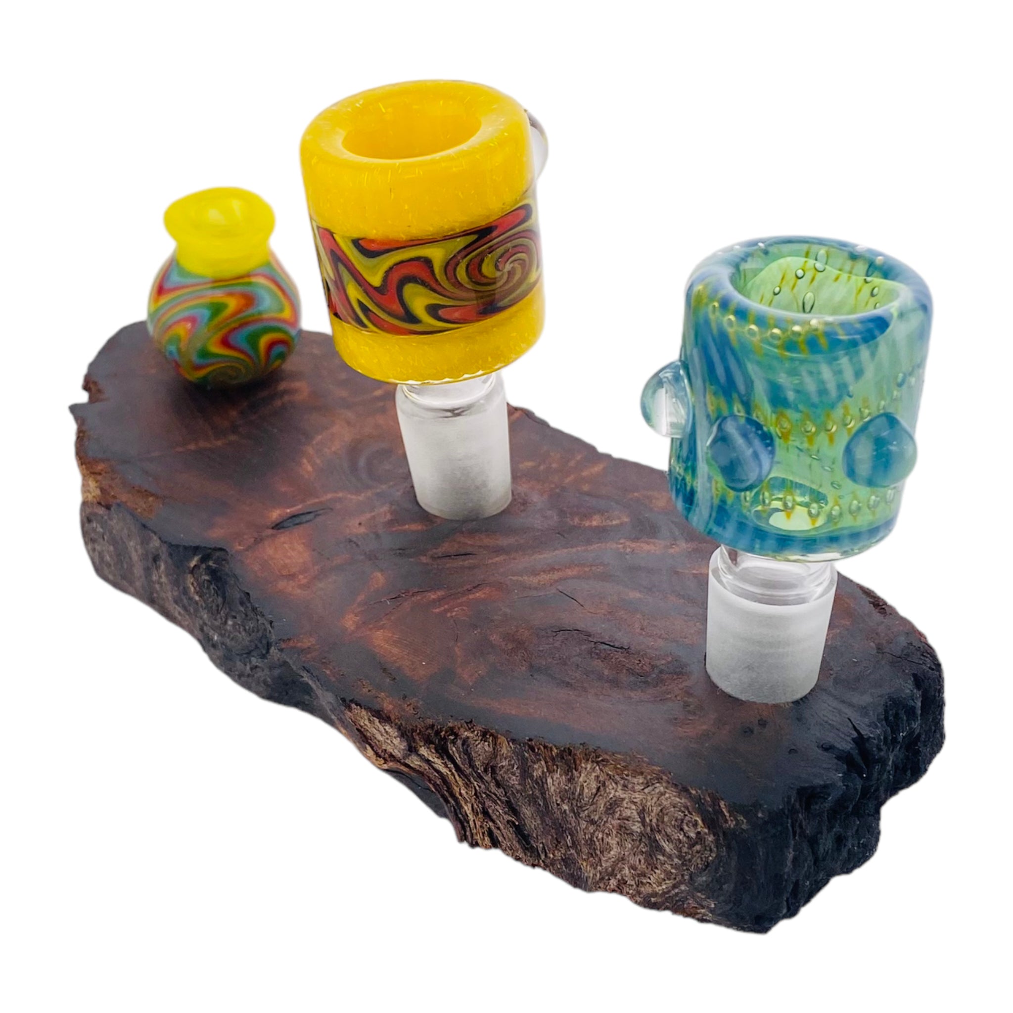 3 Hole Wood Display Stand Holder For 14mm Bong Bowl Pieces Or Quartz Bangers - Red Wood Burl With Live Edge #2