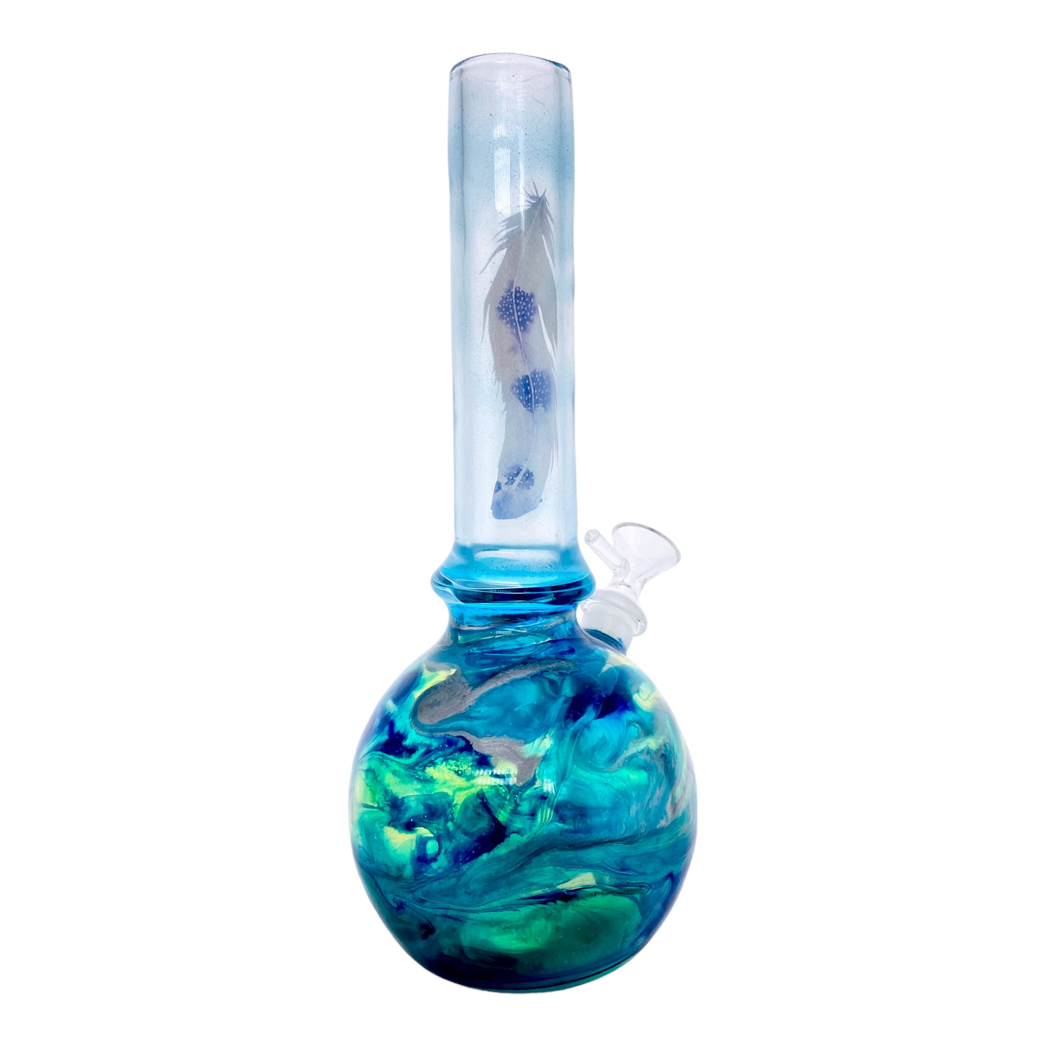 Oregon Blown Glass - Blue And Green With Leaf Decal Bubble Base Bong