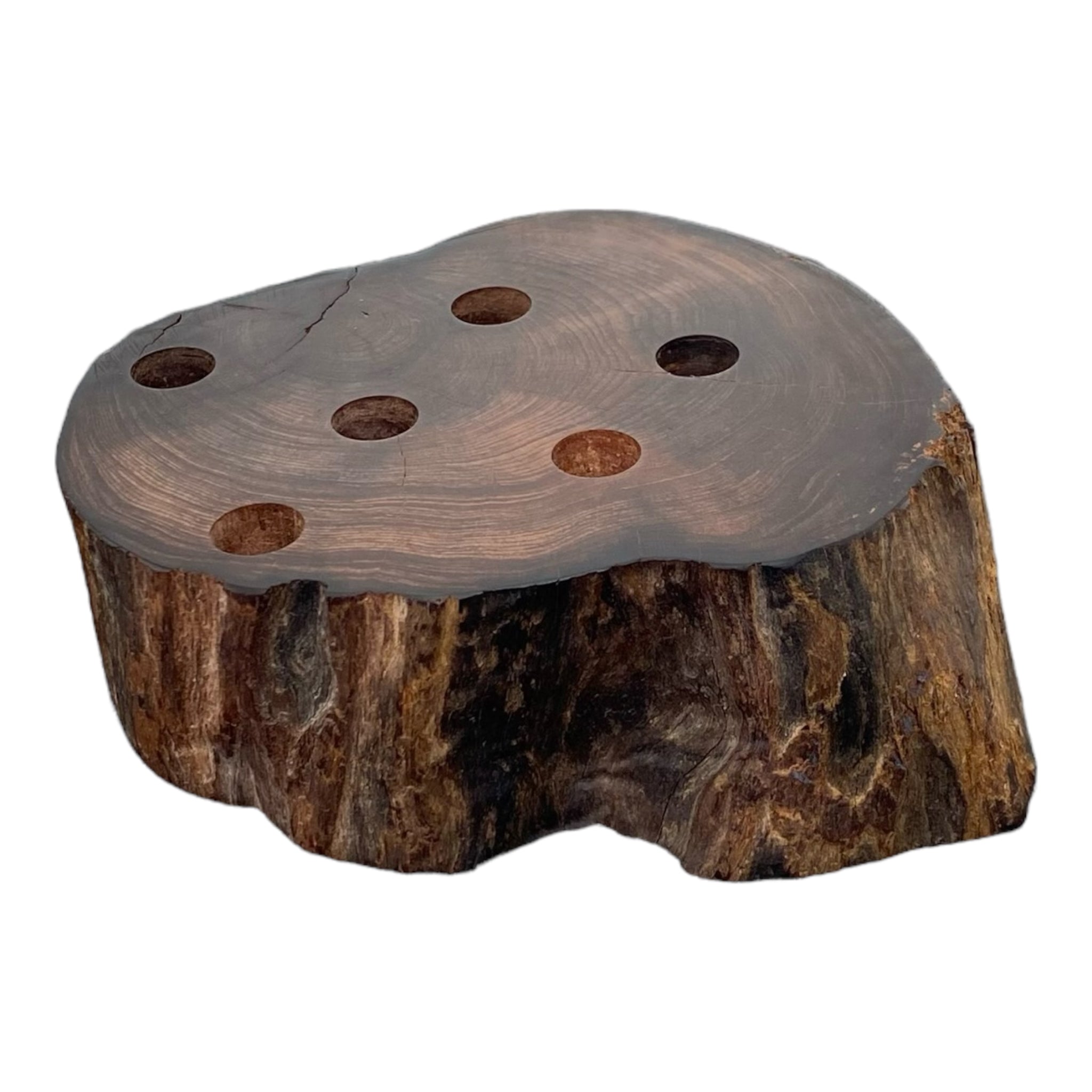 6 Hole Wood Display Stand Holder For 14mm Bong Bowl Pieces Or Quartz Bangers - Red Wood Burl With Live Edge