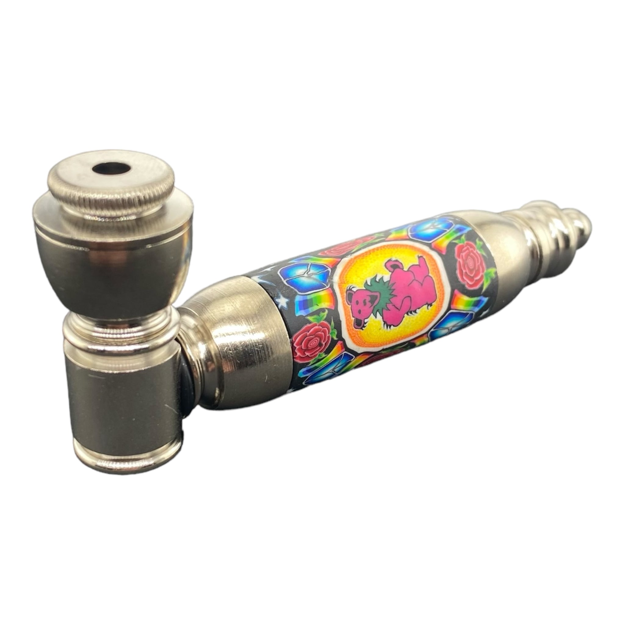 Metal Hand Pipes - Large Chamber Silver Chrome Hand Pipe With Dancing Bear