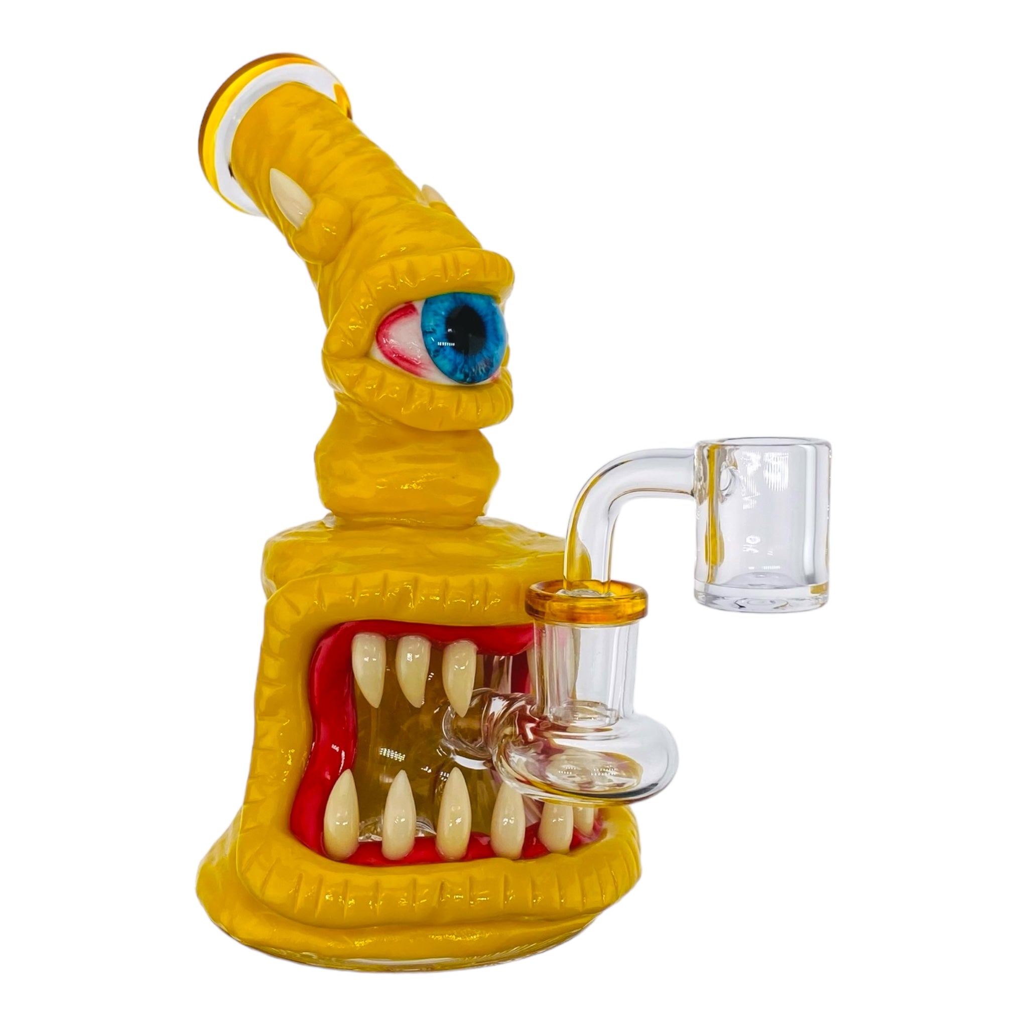 small cute yellow dab rig with halloween cyclops creature monster on it for sale