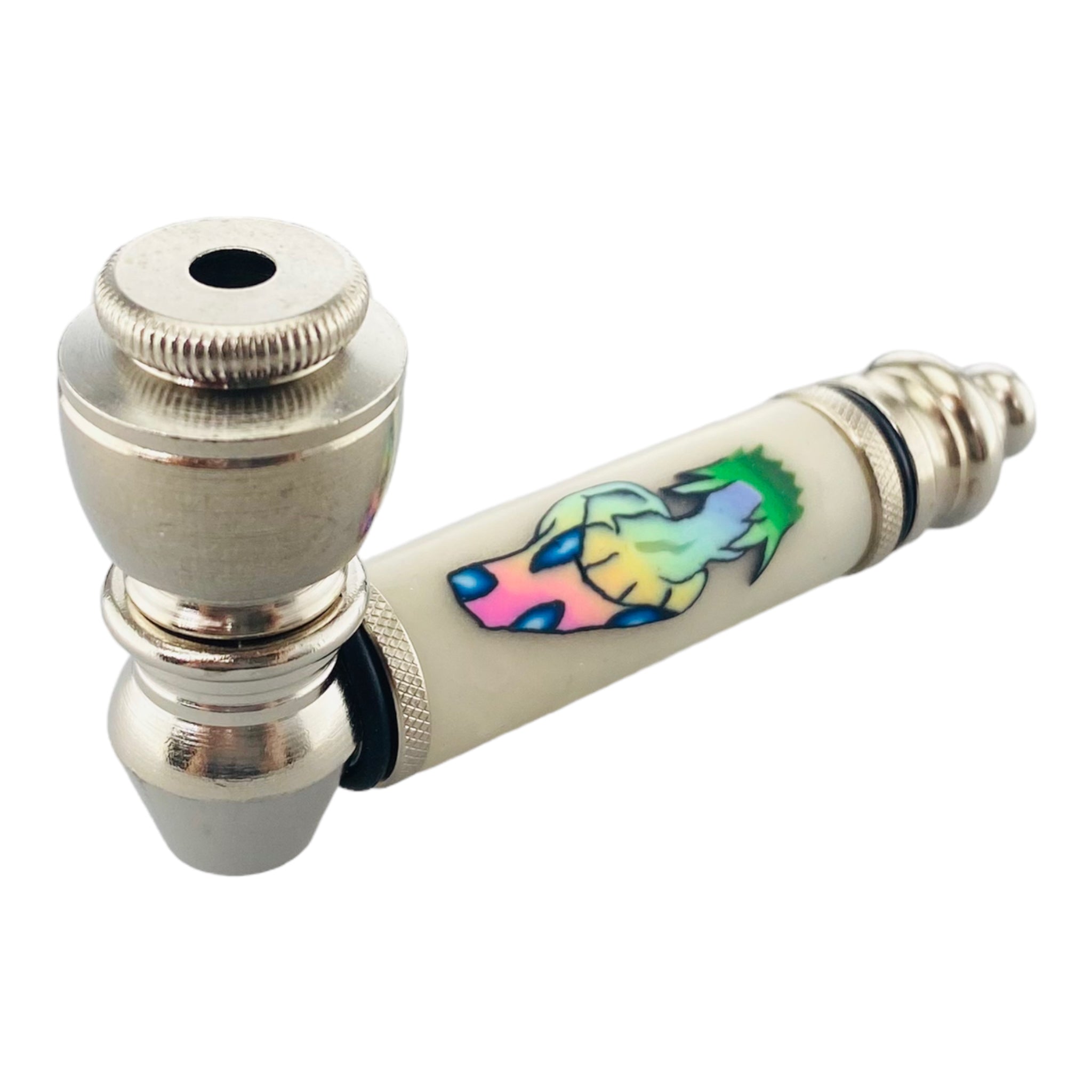 Silver Chrome smoking Hand Pipe With Rainbow Fade Magical Mushroom