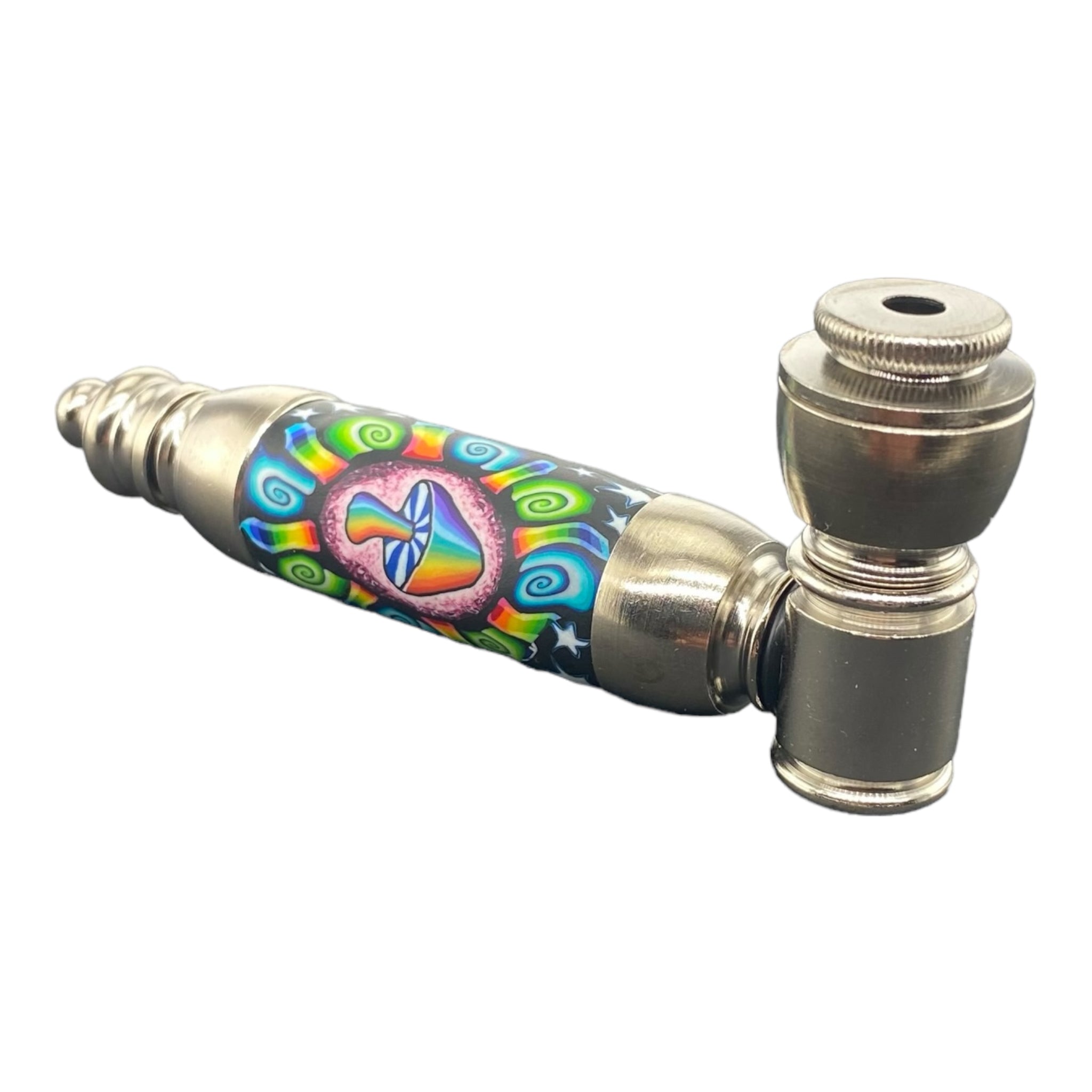 Metal Hand Pipes - Large Chamber Silver Chrome Hand Pipe With Rainbow Blast Mushroom