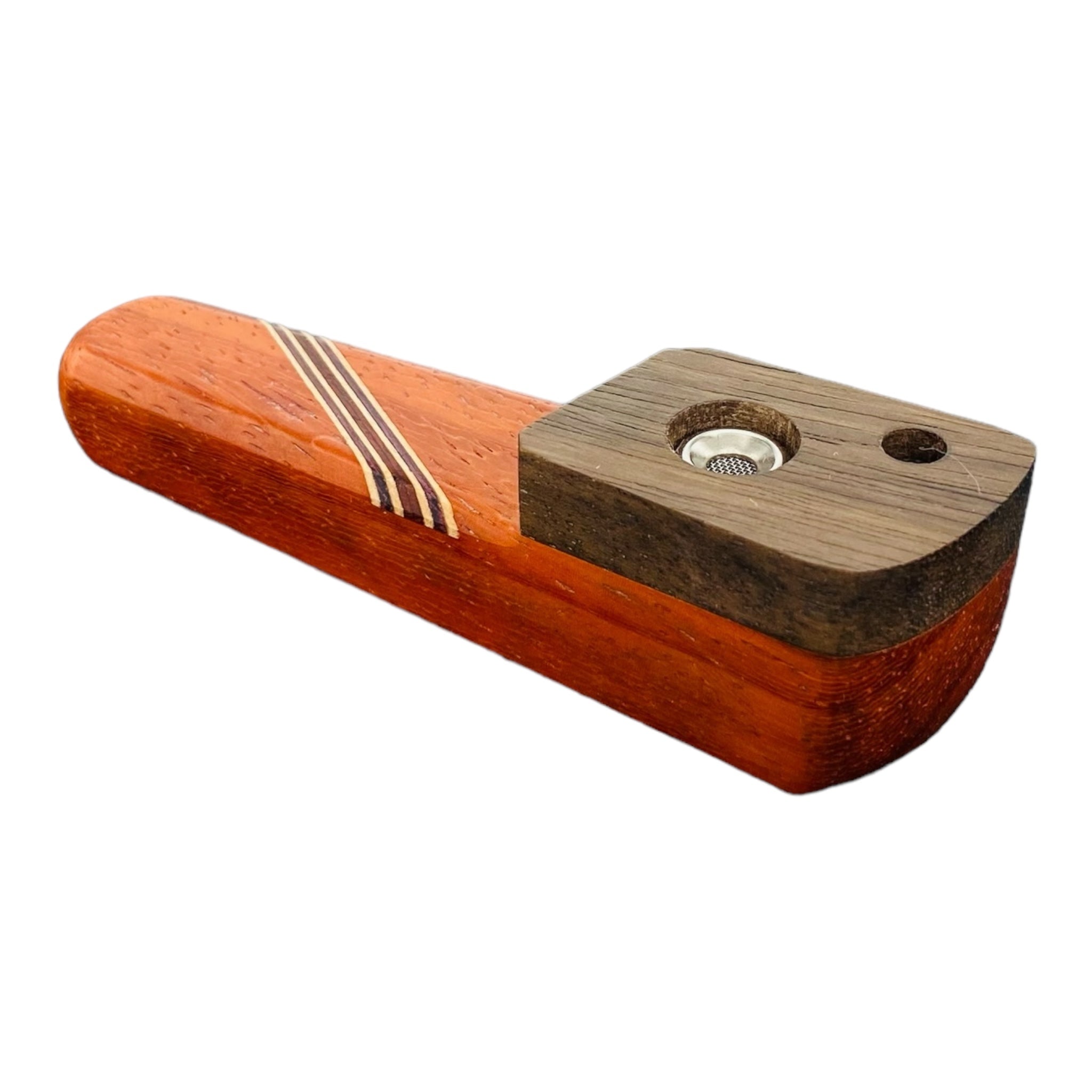 Wood Hand Pipe - Tombstone Hand Pipe With Diagonal Wood Inlay And Lid With Vent