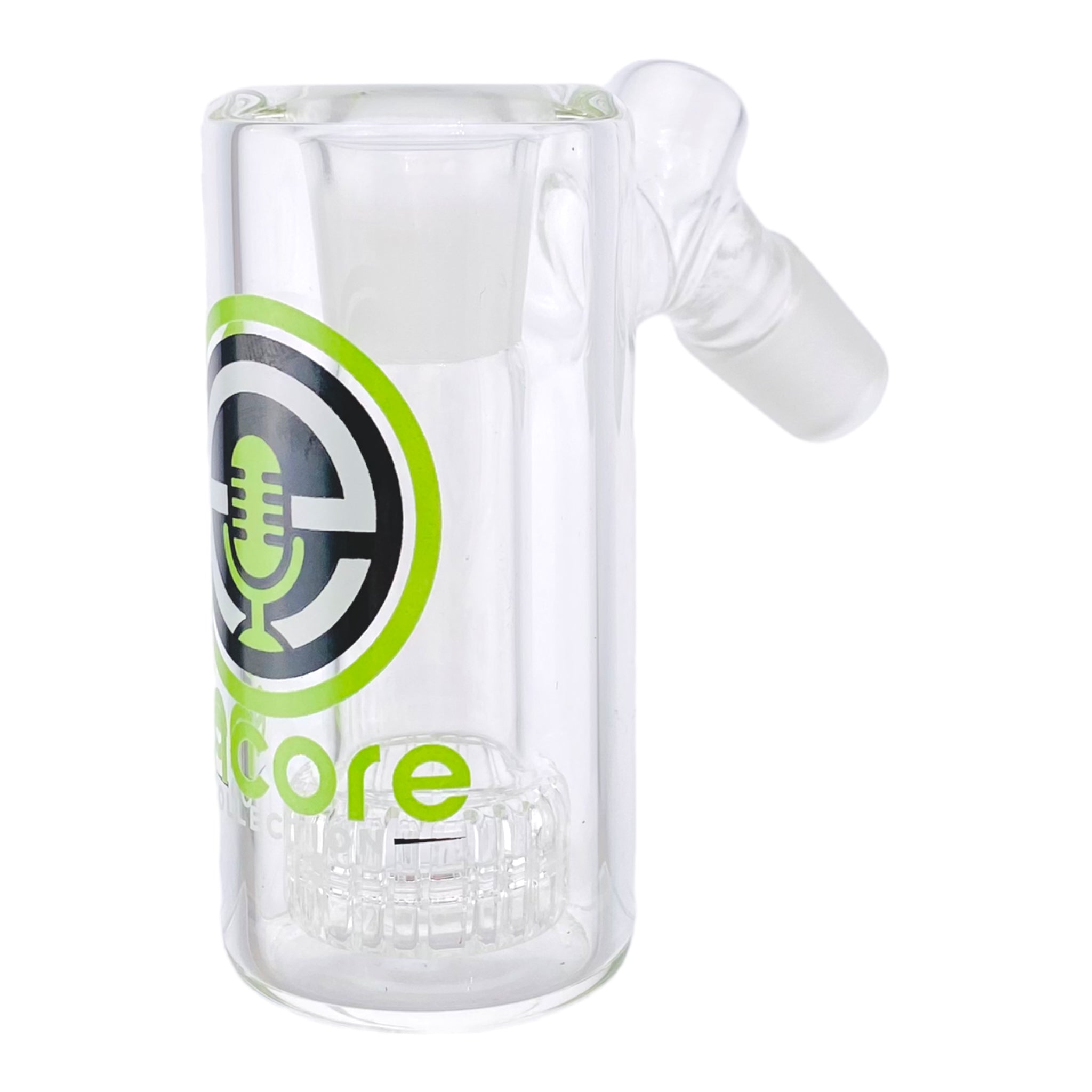 Encore Glass 18mm Ash Catcher With 45 Degree Joint And Shower Head Perc Green Logo