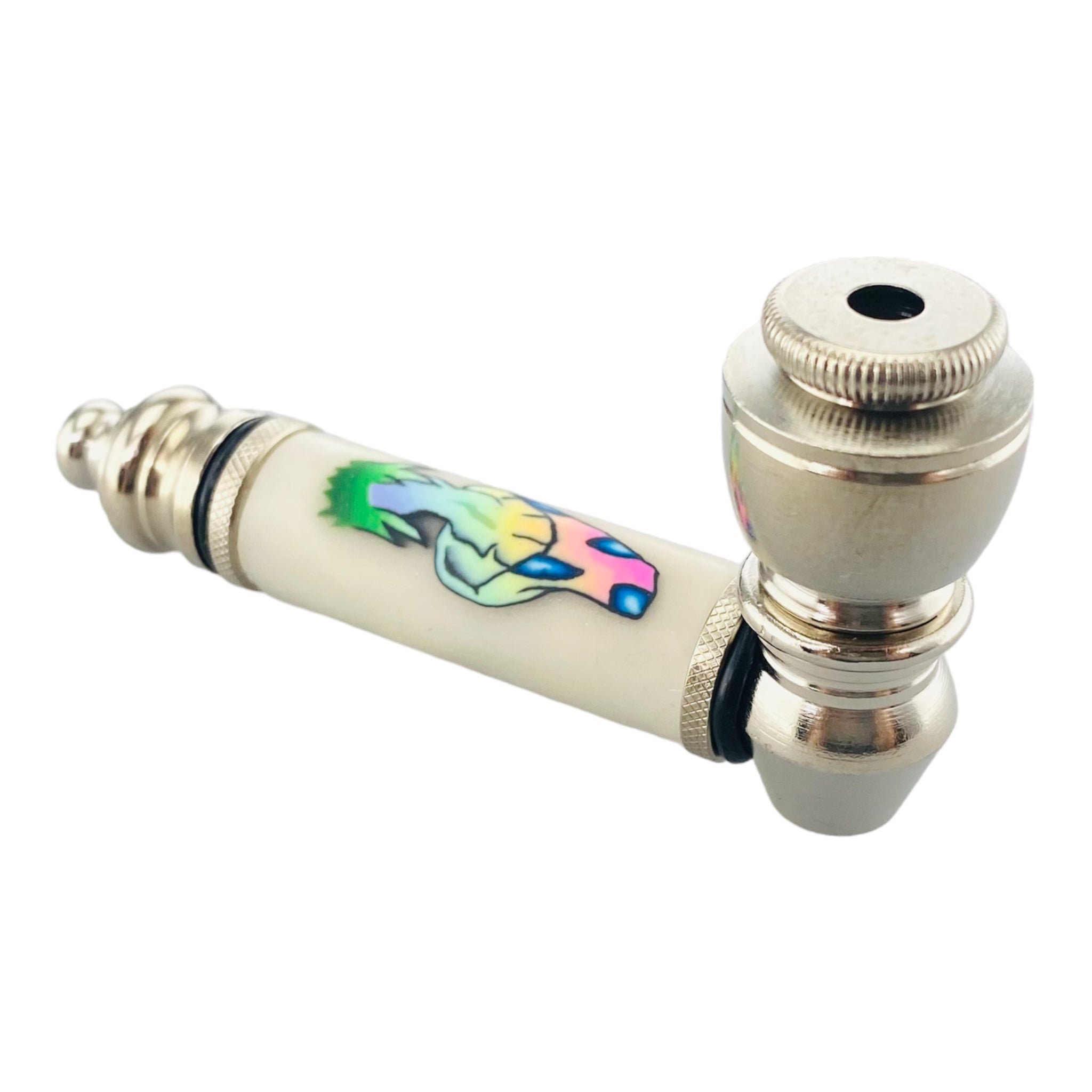 Silver Chrome smoking Hand Pipe With Rainbow Fade Magical Mushroom
