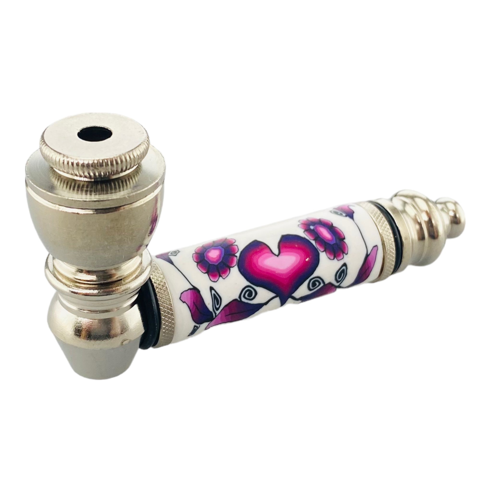 Silver Chrome Hand Pipe With Purple Heart And Flowers