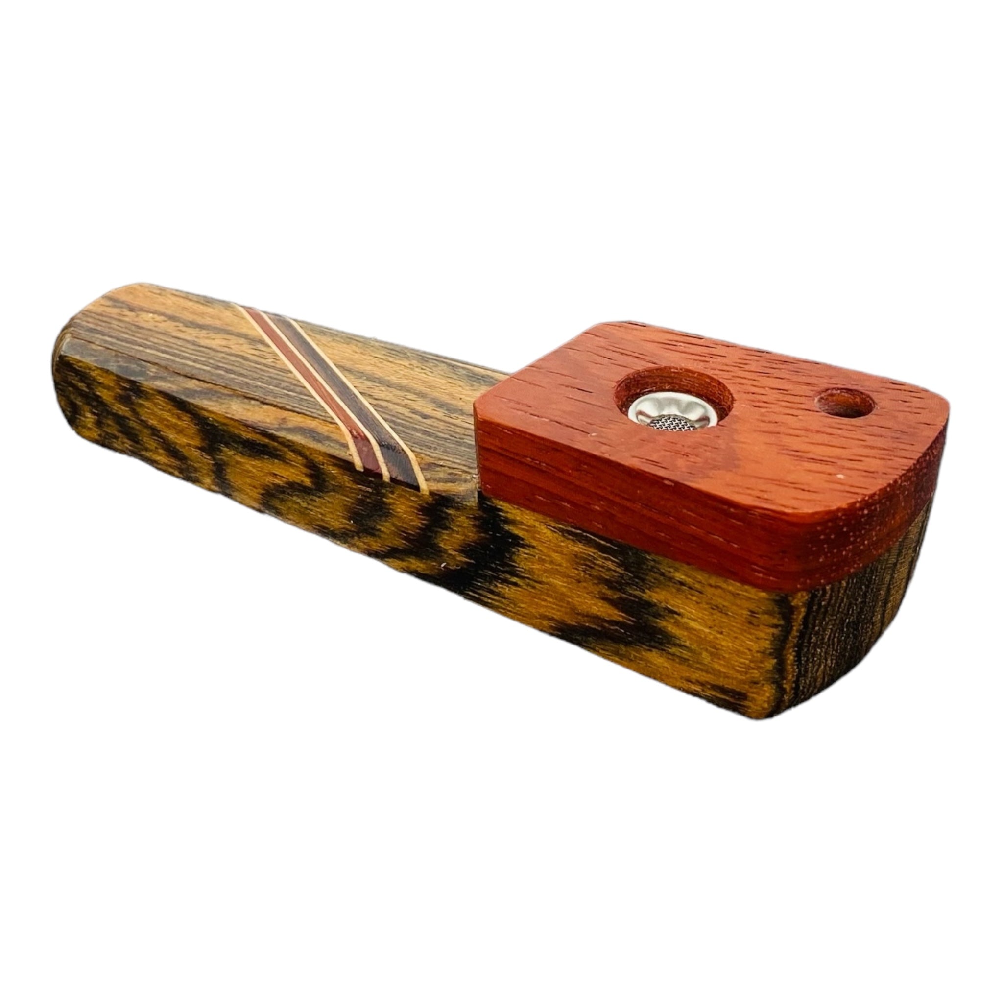 Wood Hand Pipe - Tombstone Hand Pipe With Diagonal Wood Inlay And Lid With Vent