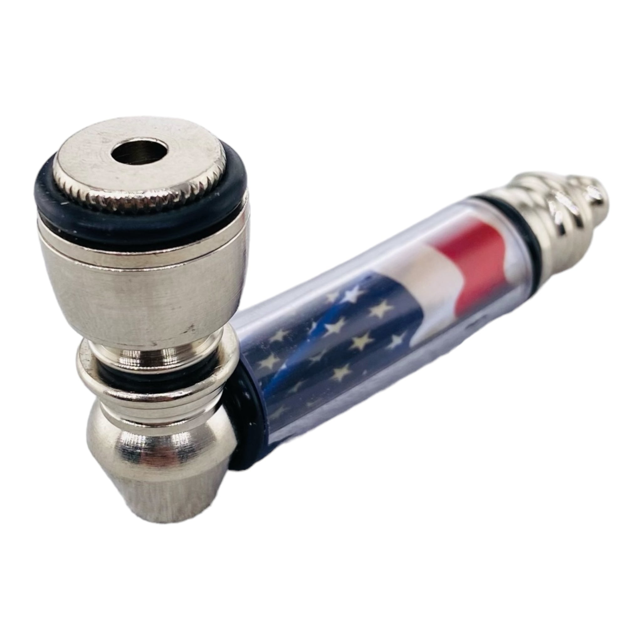 Metal Hand Pipes - Silver Chrome Hand Pipe With American Flag Plastic Stem