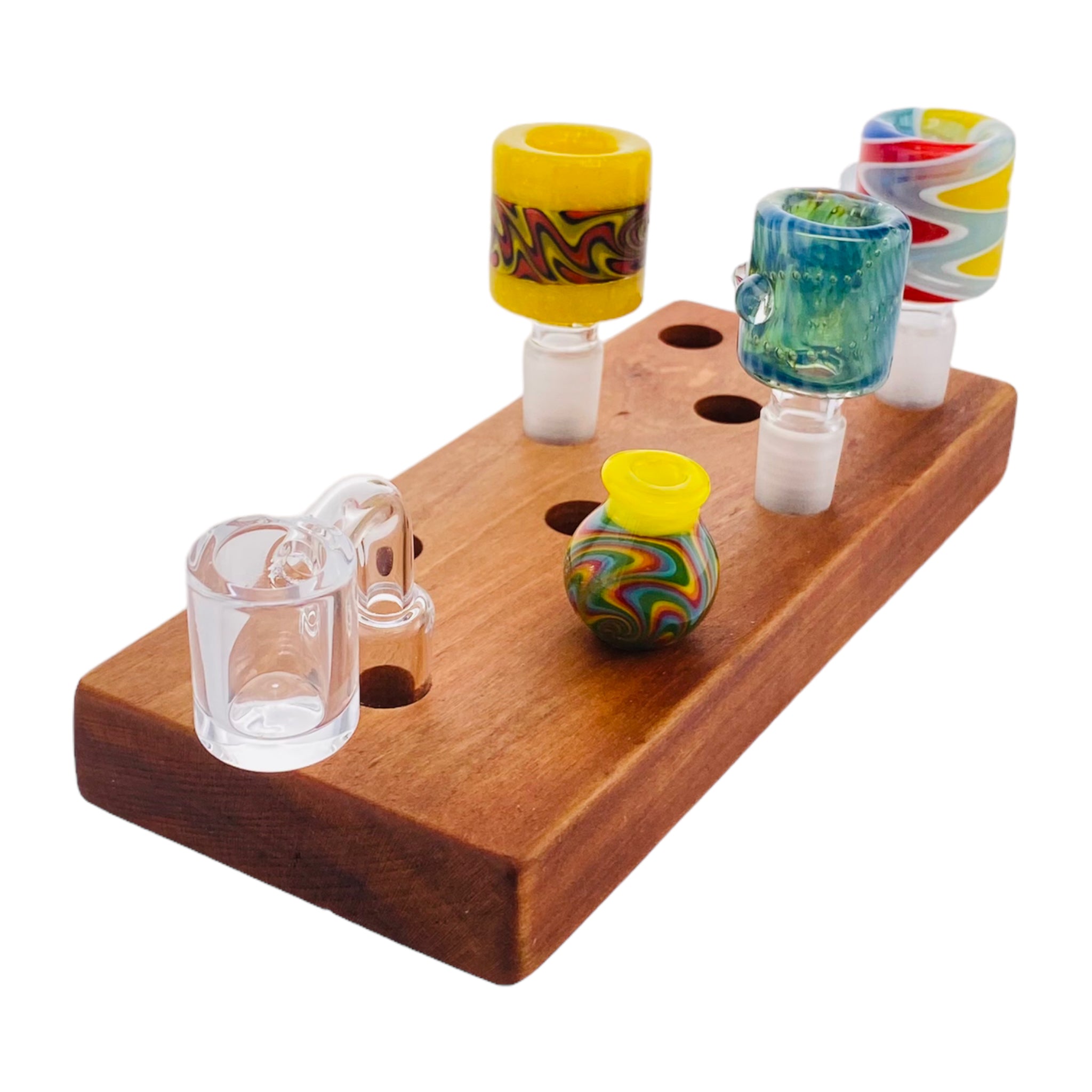 9 Hole Wood Display Stand Holder For 14mm Bong Bowl Pieces Or Quartz Bangers - Cherry Wood