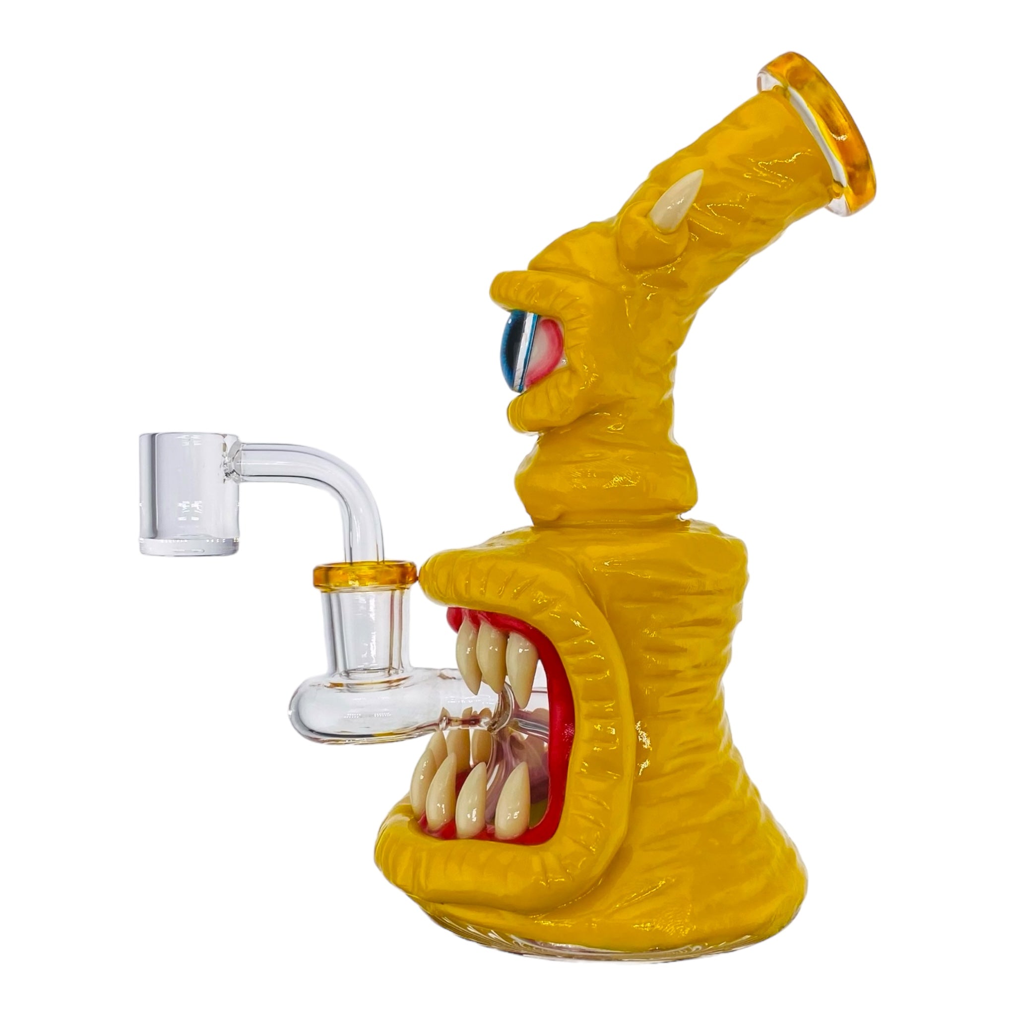 small cute yellow dab rig with halloween cyclops creature monster on it for sale