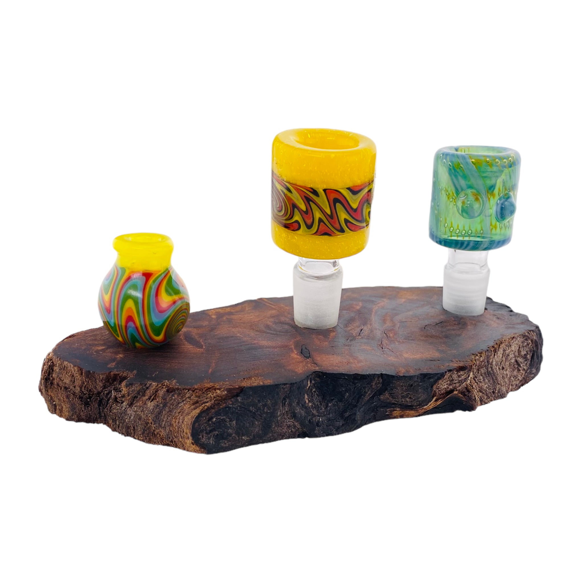 3 Hole Wood Display Stand Holder For 14mm Bong Bowl Pieces Or Quartz Bangers - Red Wood Burl With Live Edge #2