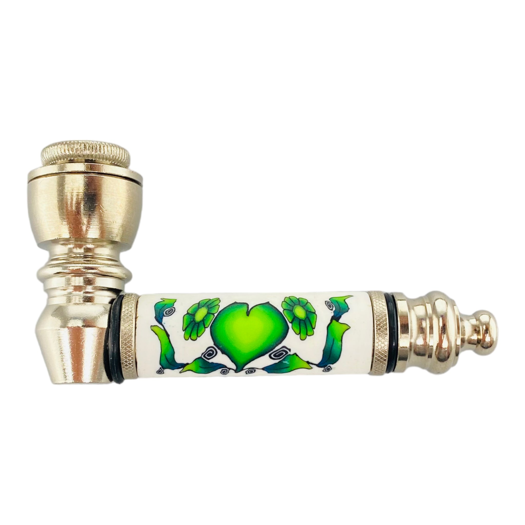 Silver Chrome Hand Pipe With Green Heart And Flowers