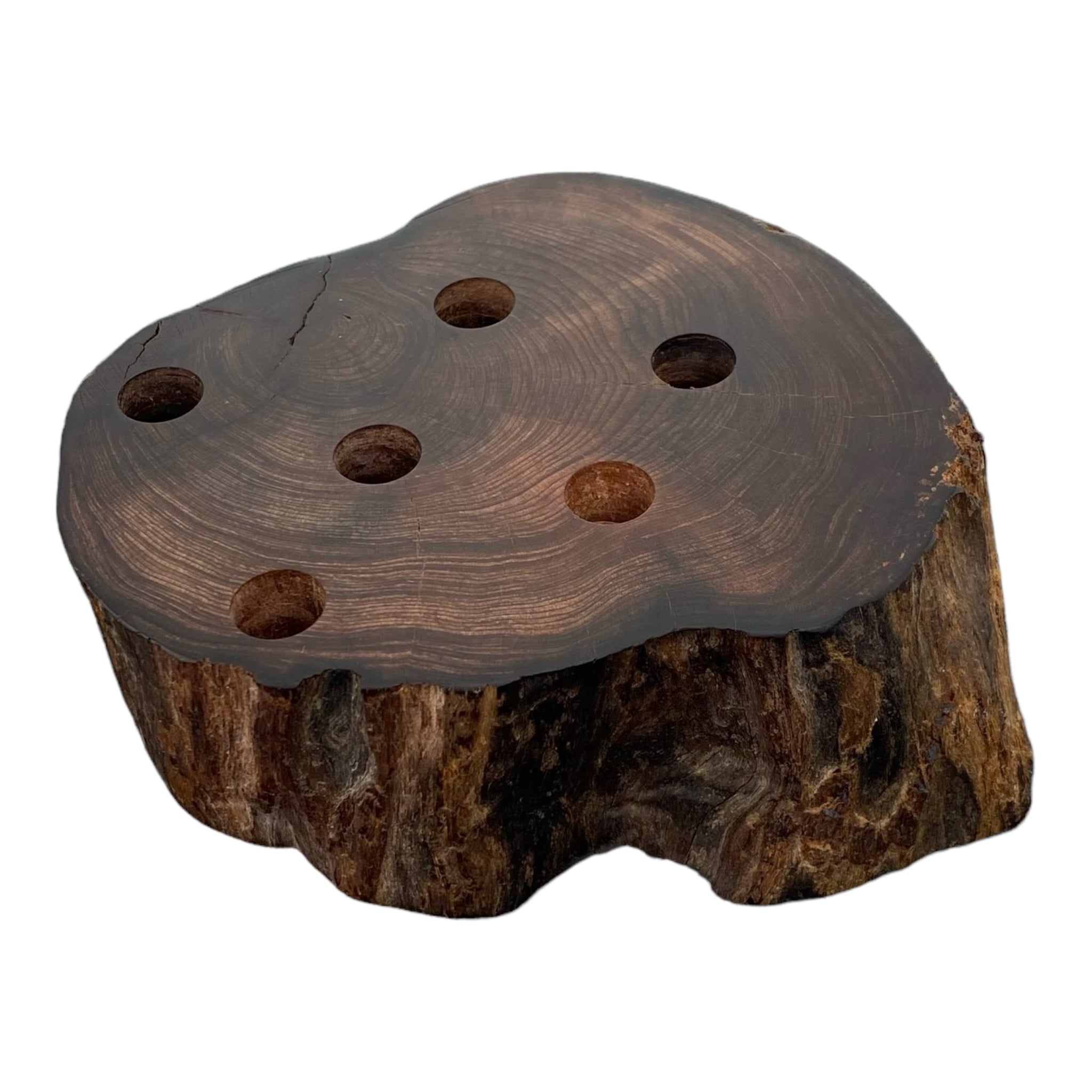 6 Hole Wood Display Stand Holder For 14mm Bong Bowl Pieces Or Quartz Bangers - Red Wood Burl With Live Edge