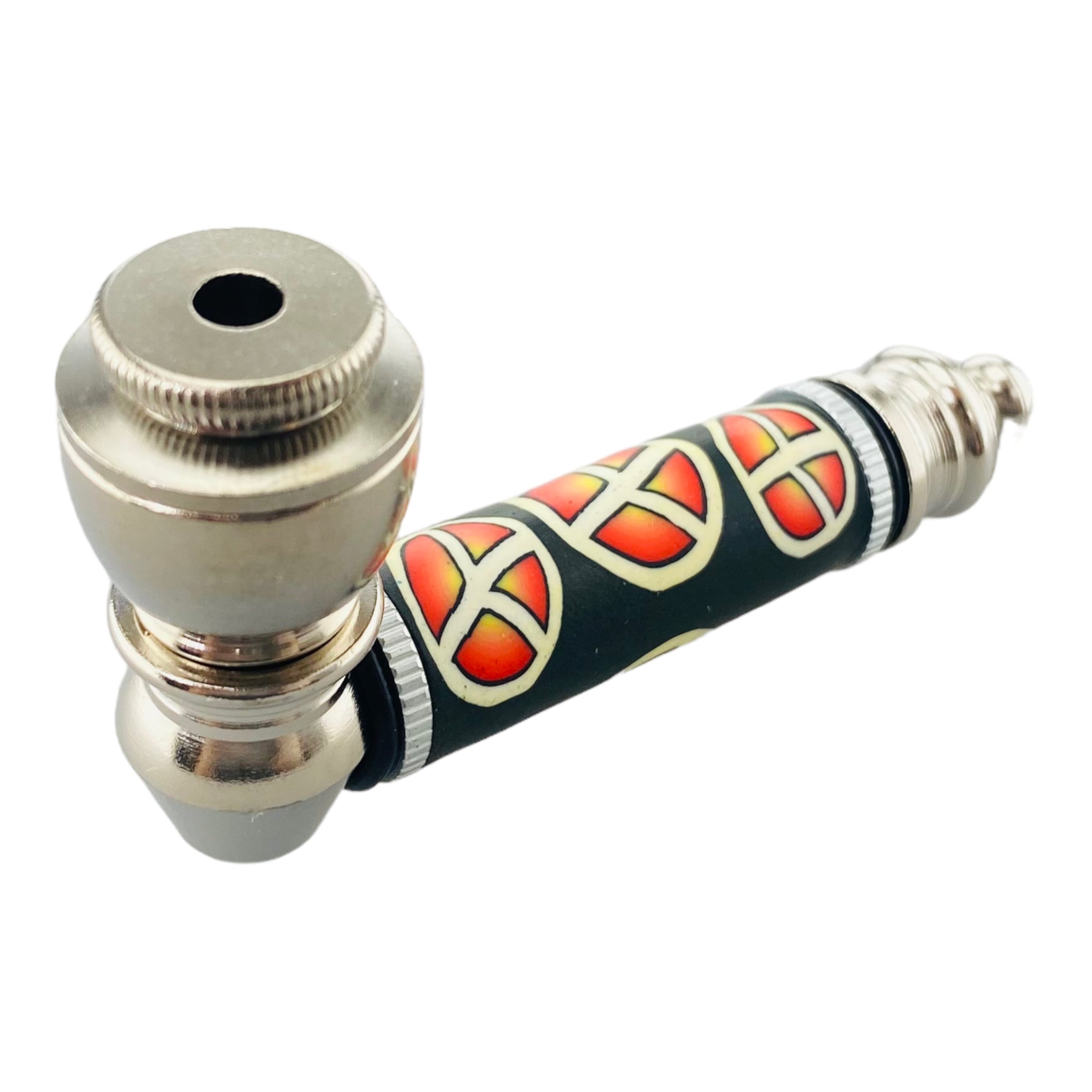 Silver Chrome Hand Pipe With Sunburst Peace Signs
