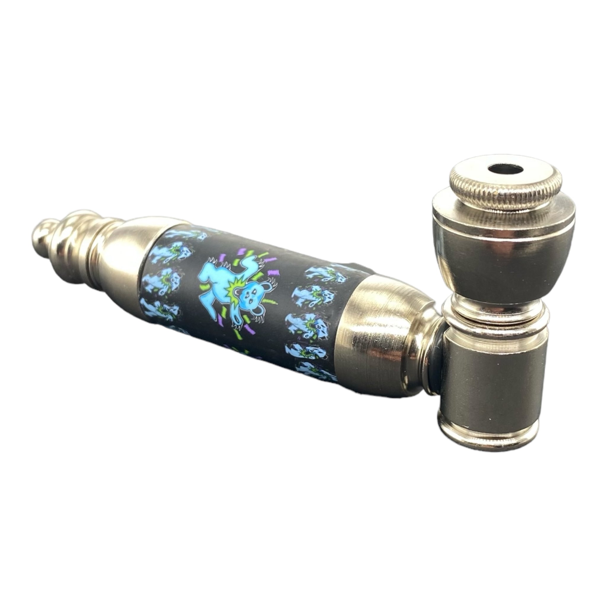 Metal Hand Pipes - Large Chamber Silver Chrome Hand Pipe With Blue Dancing Bears