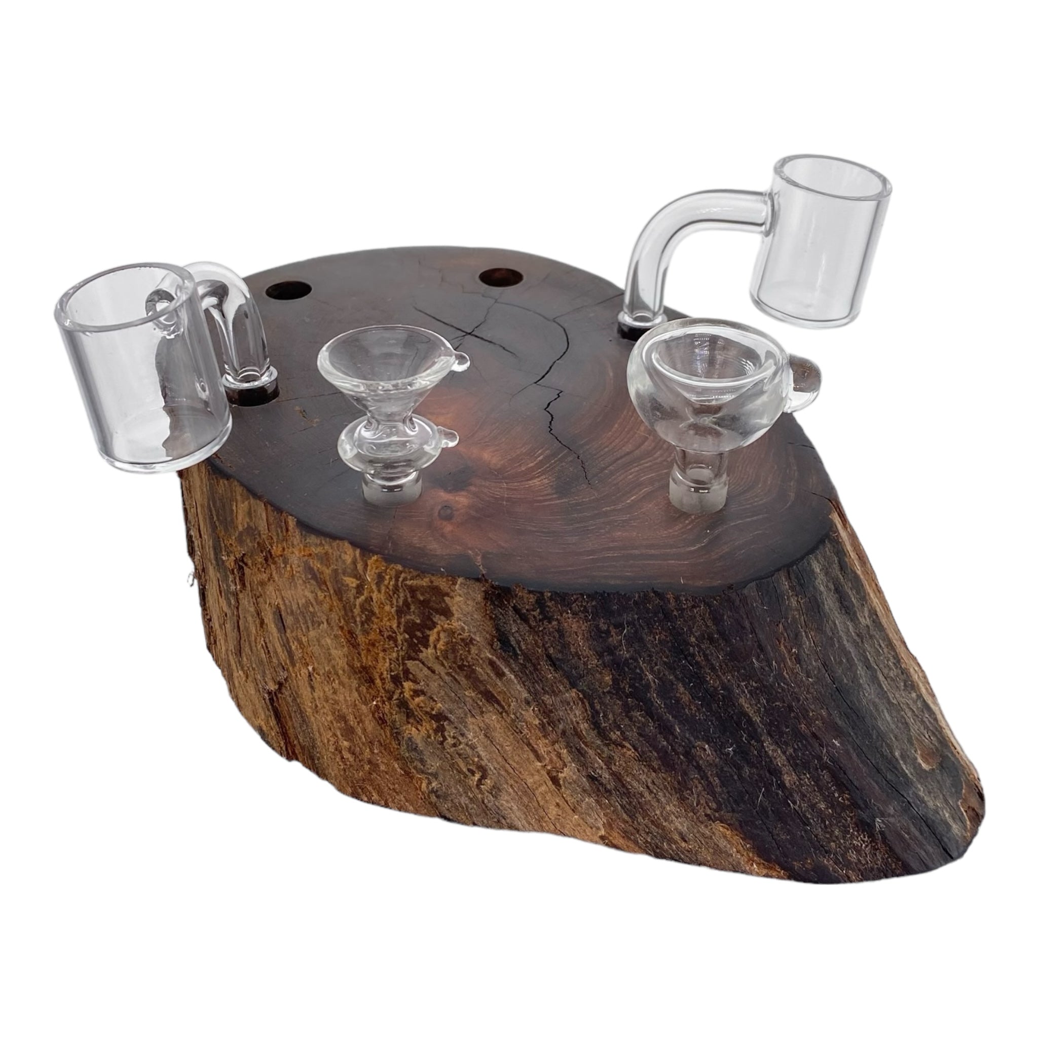 6 Hole Wood Display Stand Holder For 10mm Bong Bowl Pieces Or Quartz Bangers - Redwood Driftwood With Live Edge