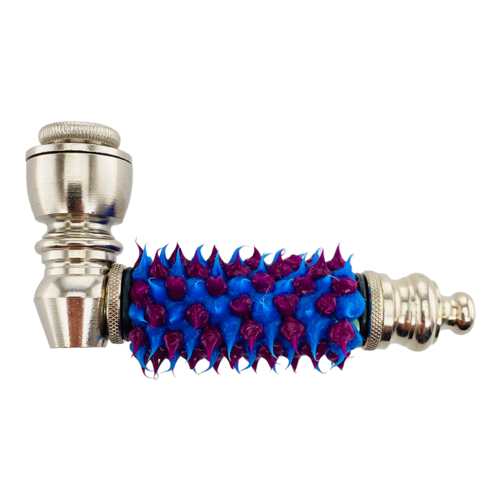 Metal Hand Pipes - Silver Chrome Hand Pipe With Blue And Purple Silicone Spikes