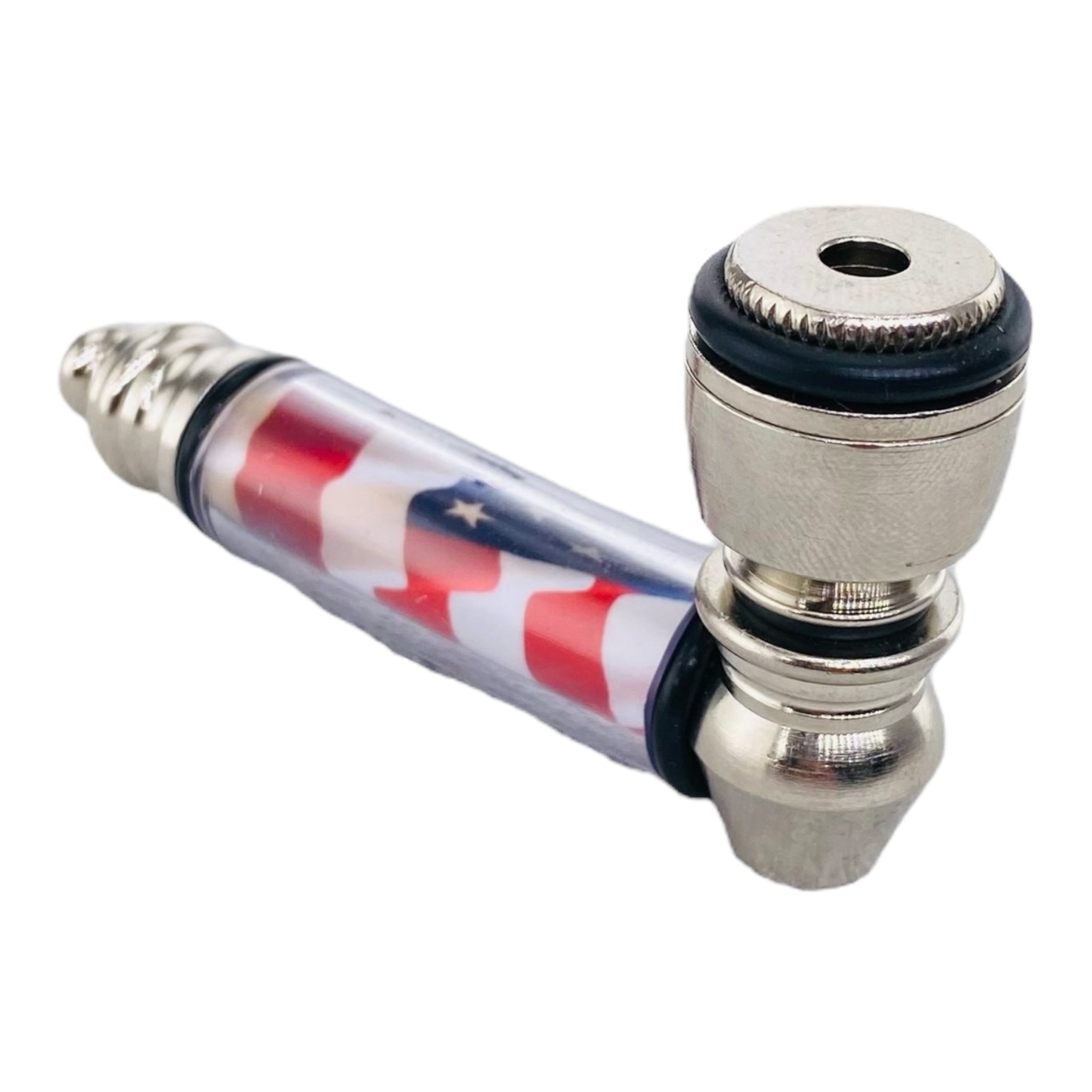 Metal Hand Pipes - Silver Chrome Hand Pipe With American Flag Plastic Stem