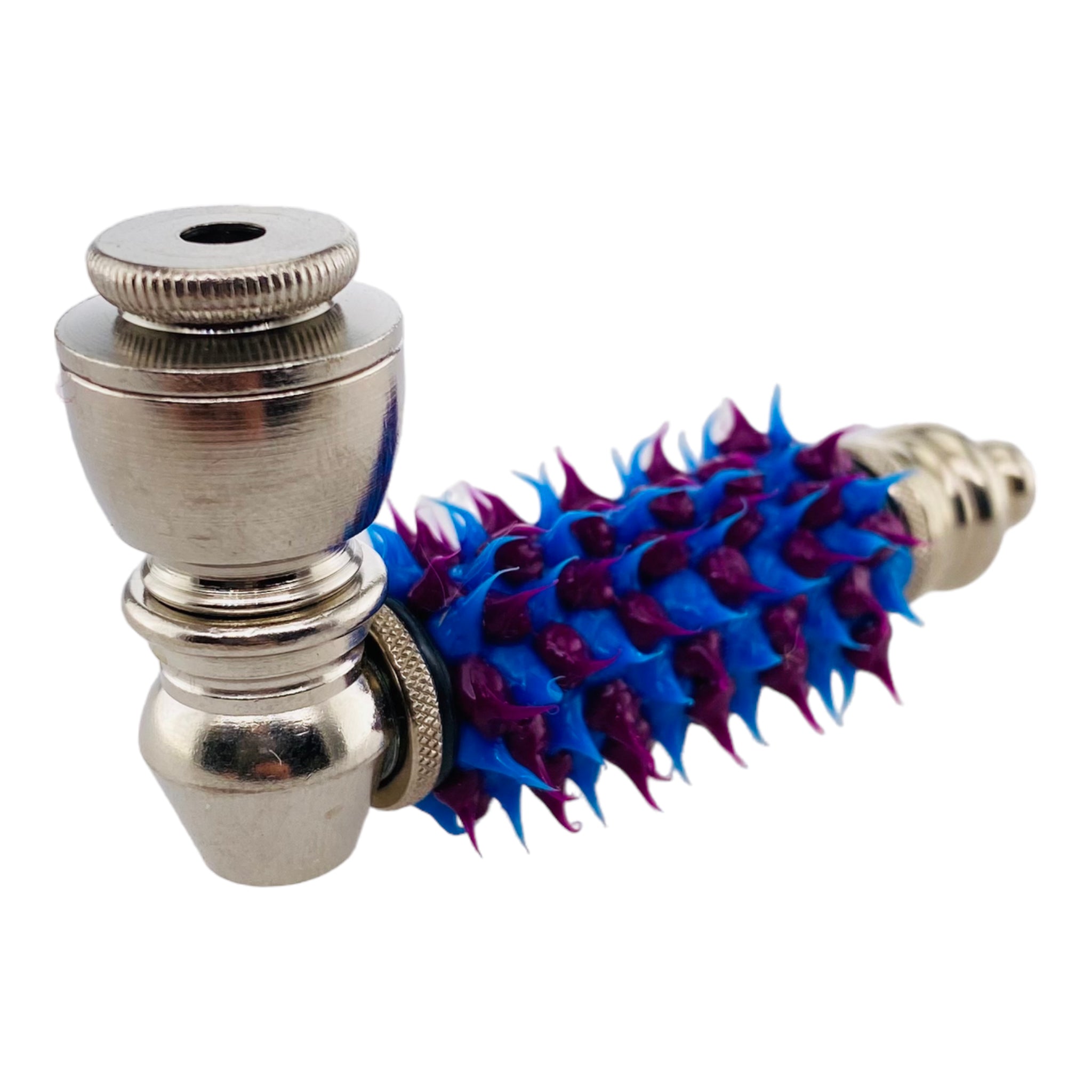 Metal Hand Pipes - Silver Chrome Hand Pipe With Blue And Purple Silicone Spikes
