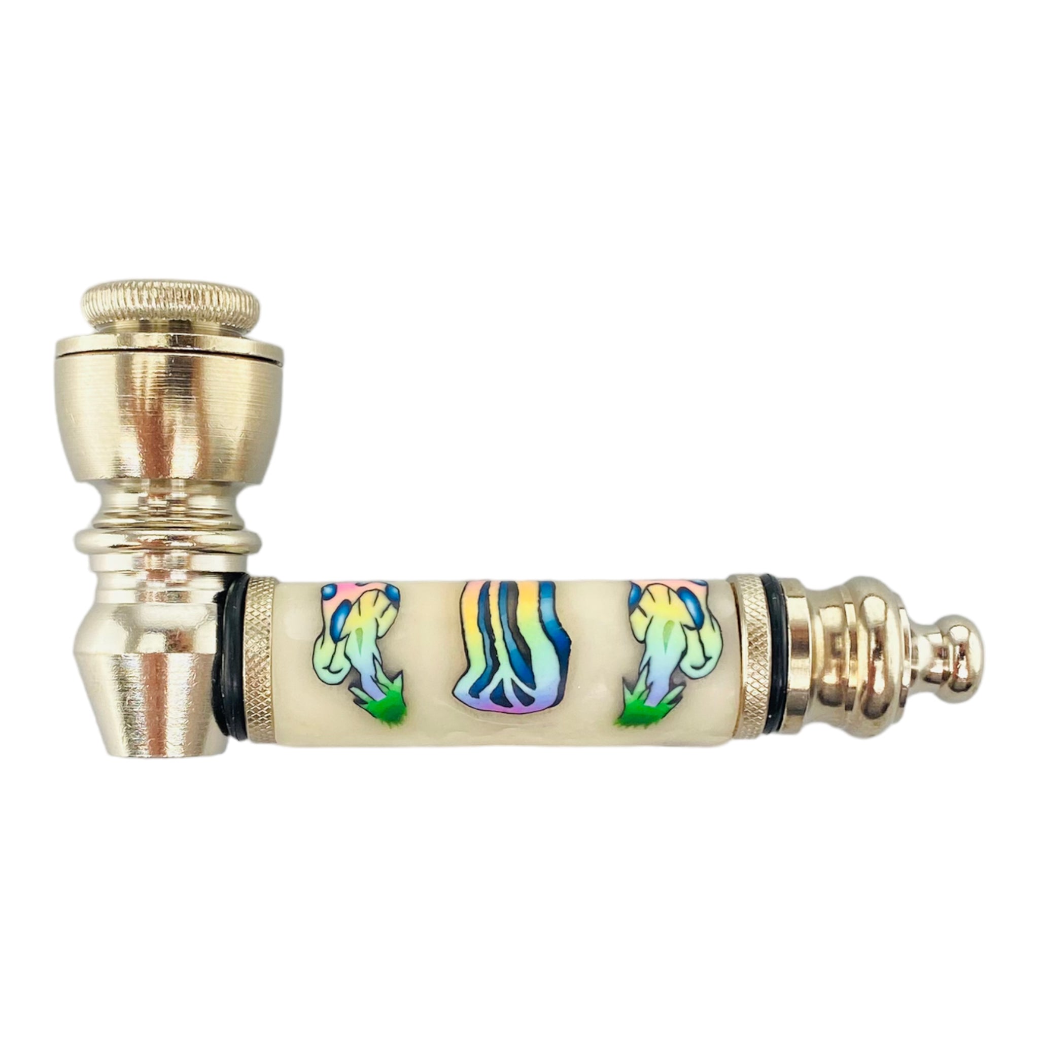 Silver Chrome Hand Pipe With Rainbow Fade Magical Mushroom And Peace Sign