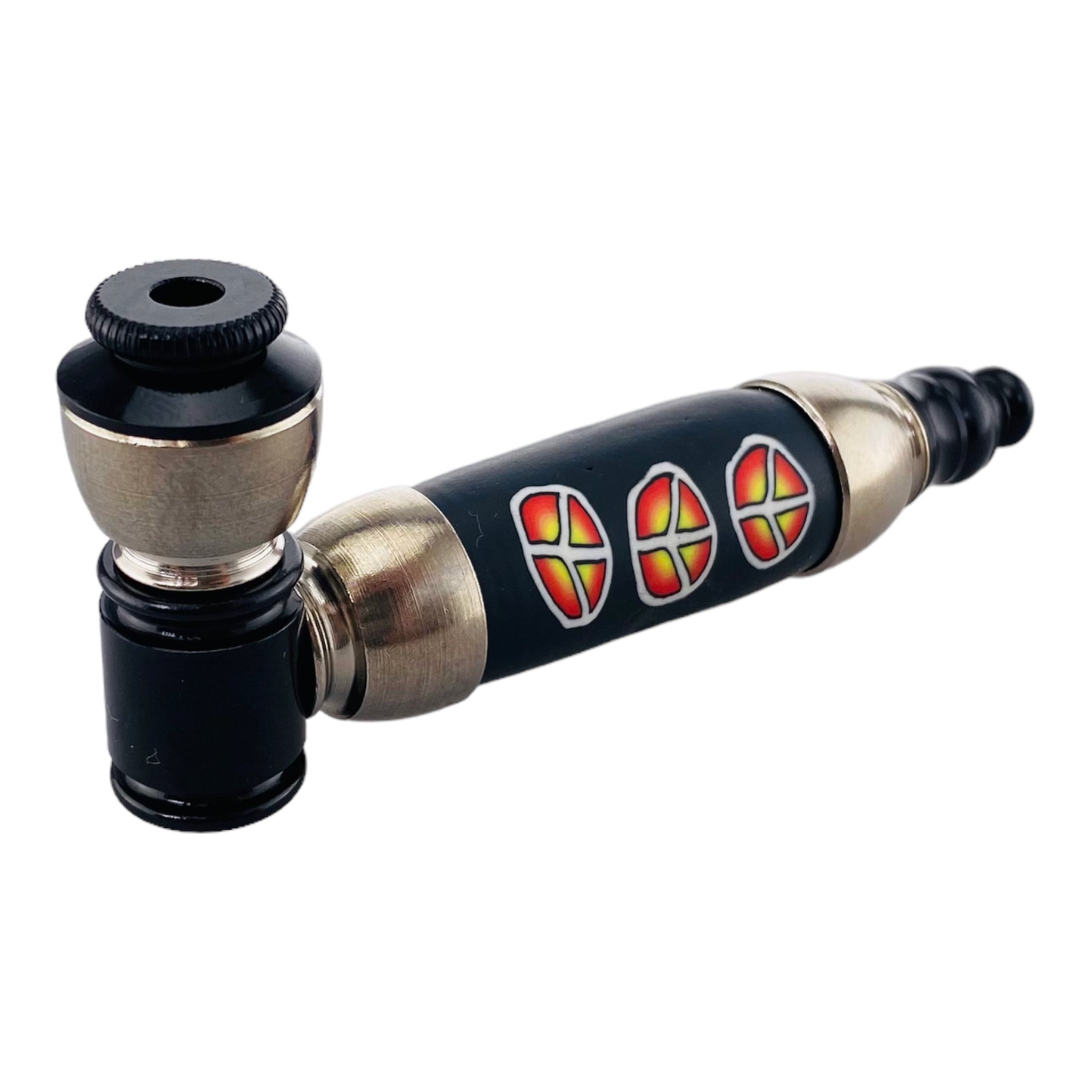 Large Chamber Silver And Black Hand Pipe With Sunburst Peace Signs