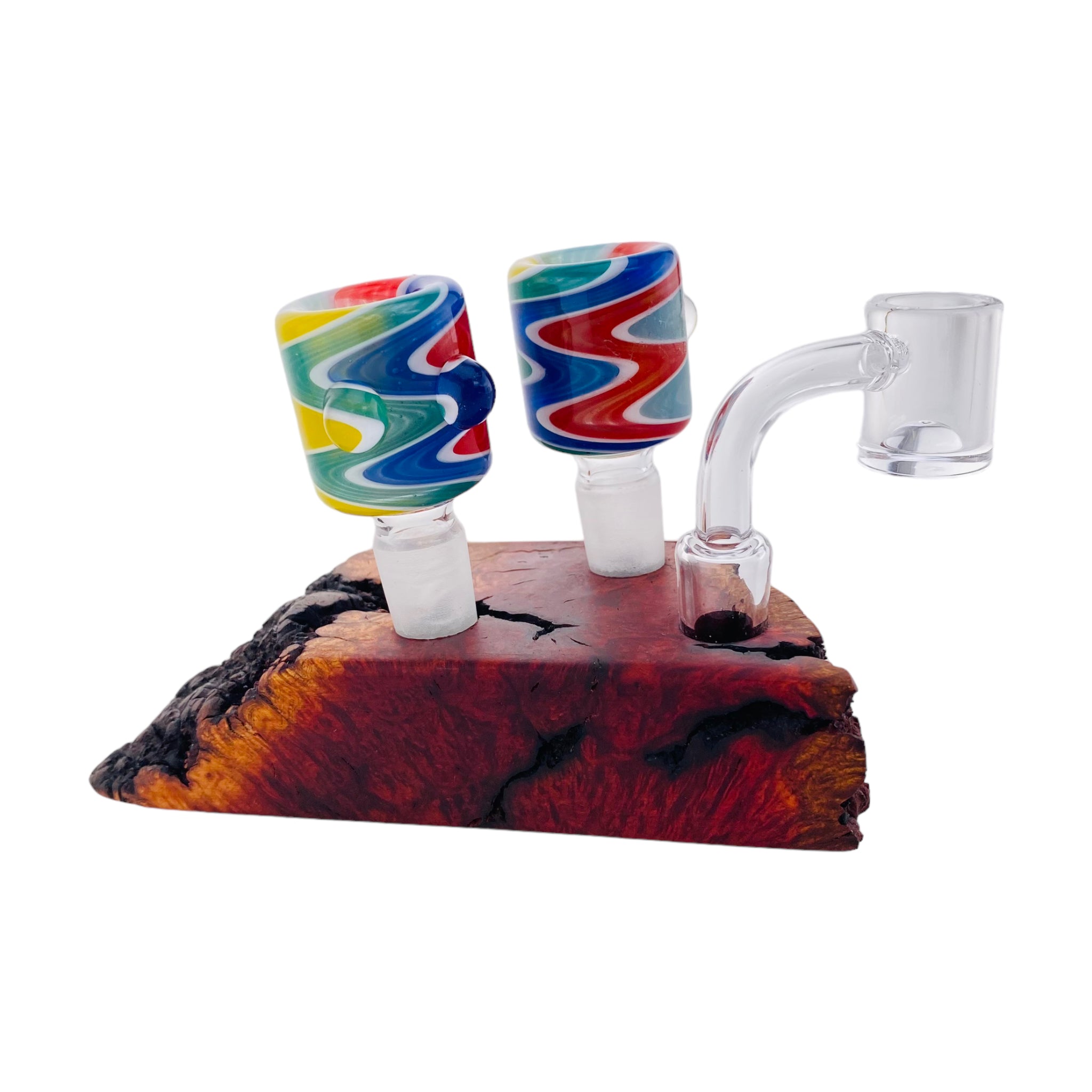 3 Hole Wood Display Stand Holder For 14mm Bong Bowl Pieces Or Quartz Bangers - Charred Manzanita Burl