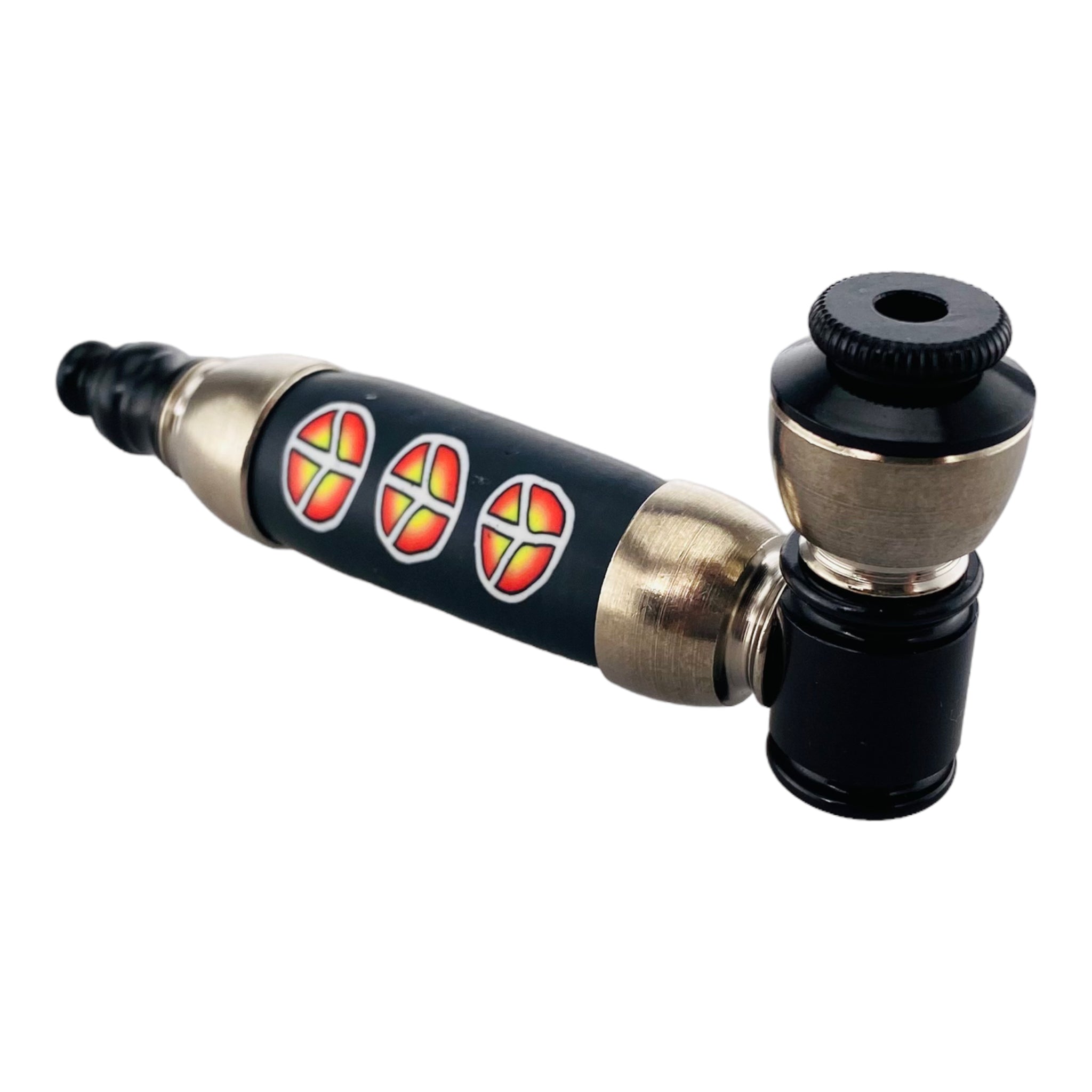 Large Chamber Silver And Black Hand Pipe With Sunburst Peace Signs