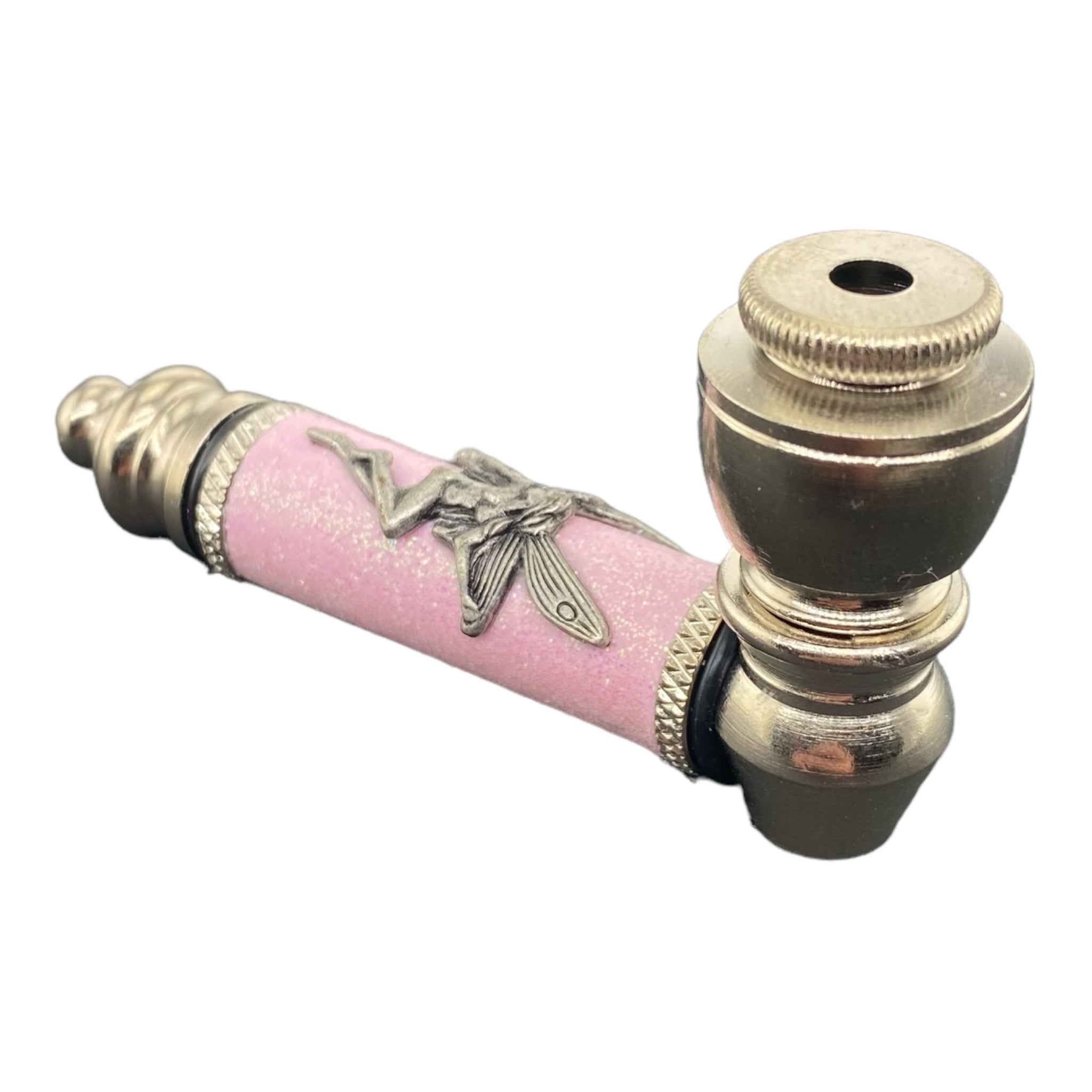 Metal Hand Pipes - Silver Chrome Hand Pipe With Sparkles And Fairy Pink