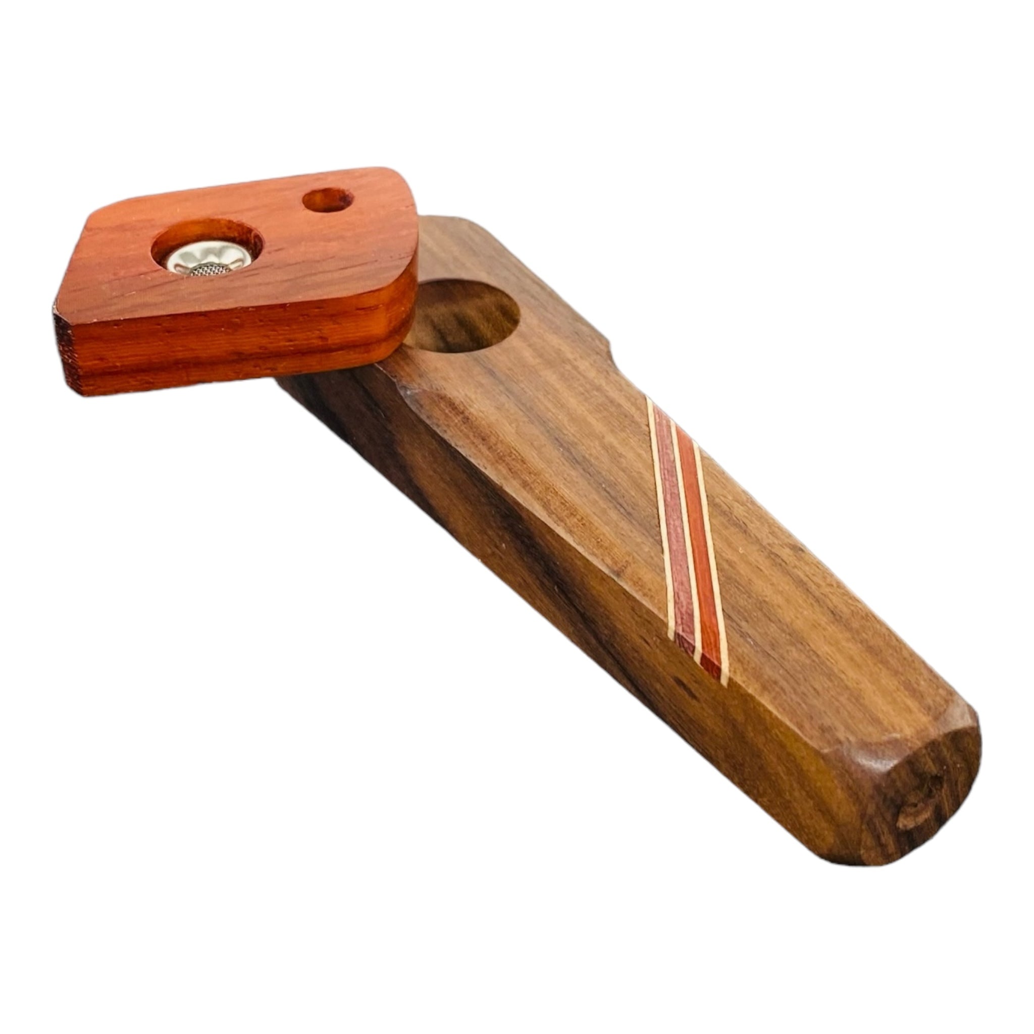 Wood Hand Pipe - Tombstone Hand Pipe With Diagonal Wood Inlay And Lid With Vent