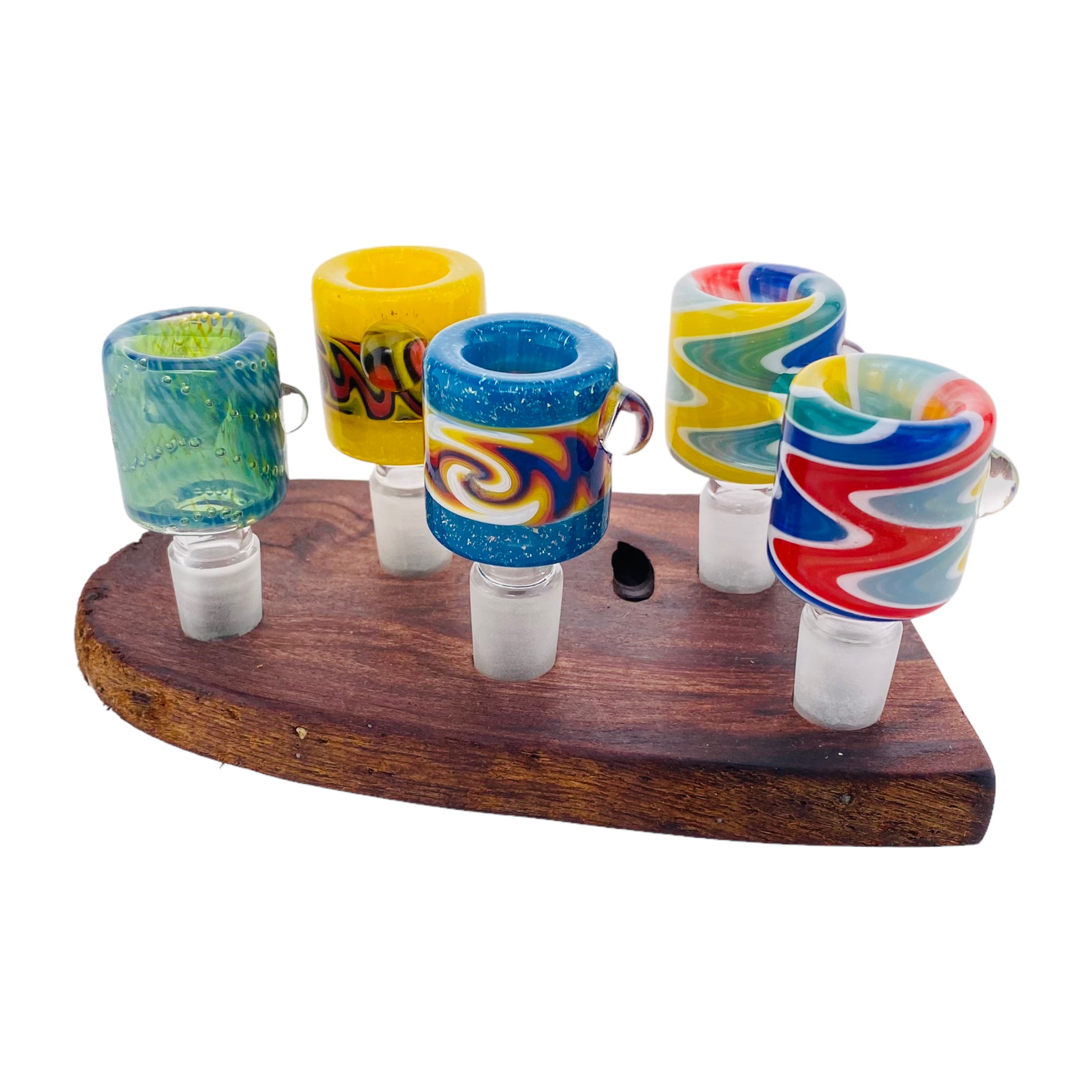 5 Hole Wood Display Stand Holder For 14mm Bong Bowl Pieces Or Quartz Bangers - Red Wood Burl With Live Edge