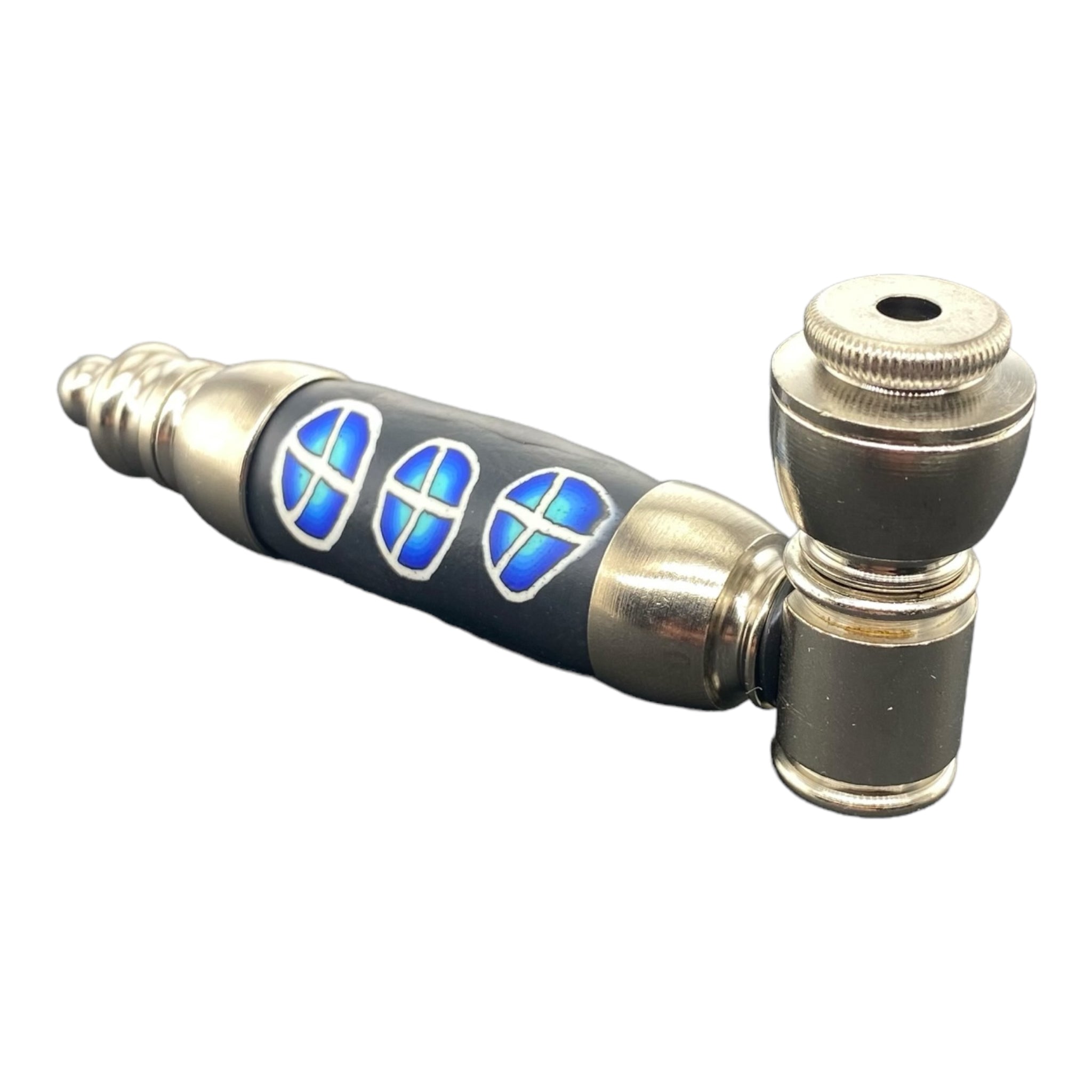Metal Hand Pipes - Large Chamber Silver Chrome Hand Pipe With Blue Peace Signs
