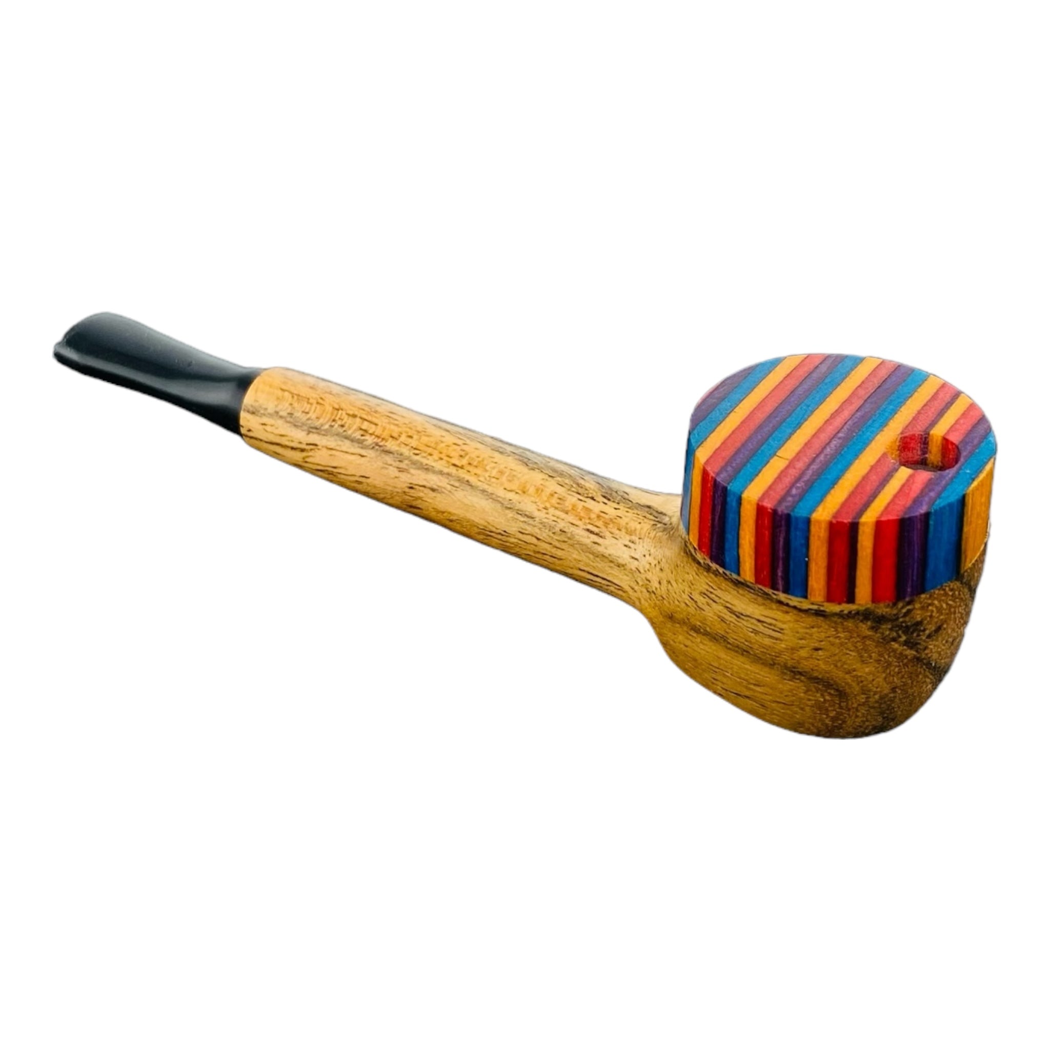 Wood Hand Pipe - Slender Stem With Multi Colored Lid And Plastic Mouthpiece