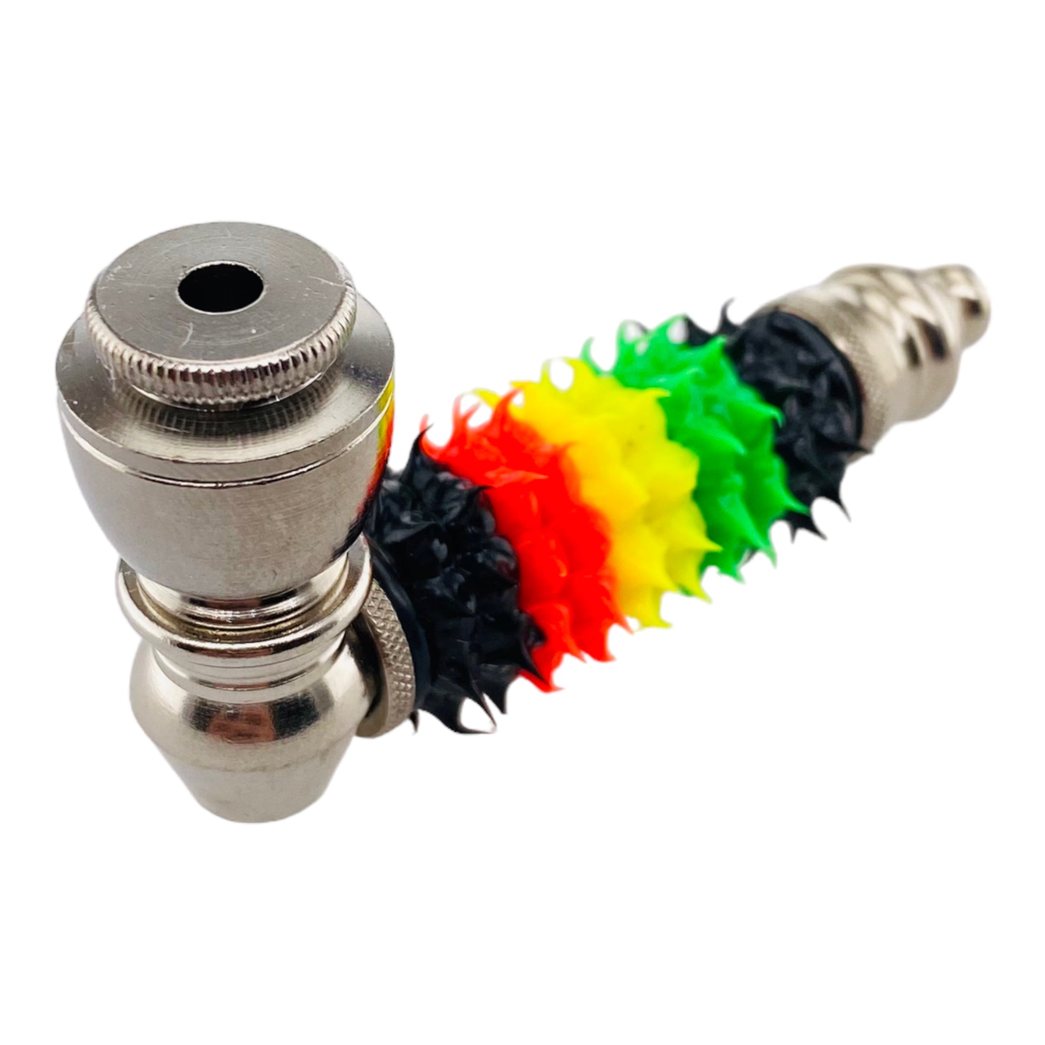 Metal Hand Pipes - Silver Chrome Hand Pipe With Skull With Rasta Silicone Spikes
