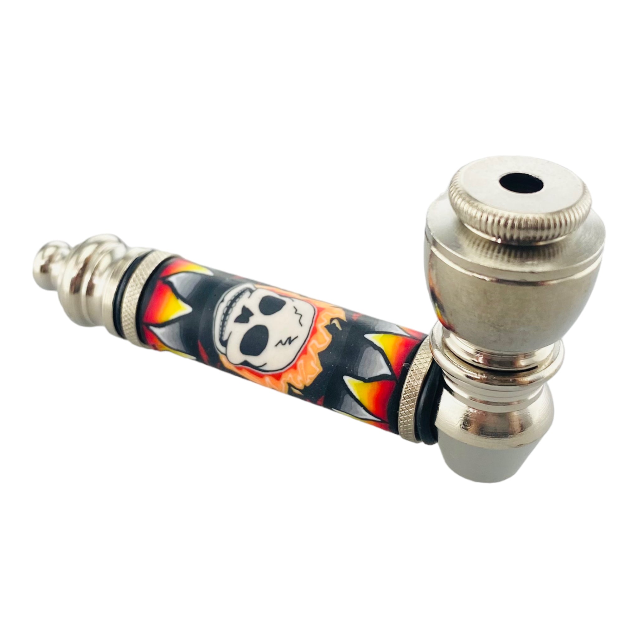 Silver Chrome Hand Pipe With Flaming Skull