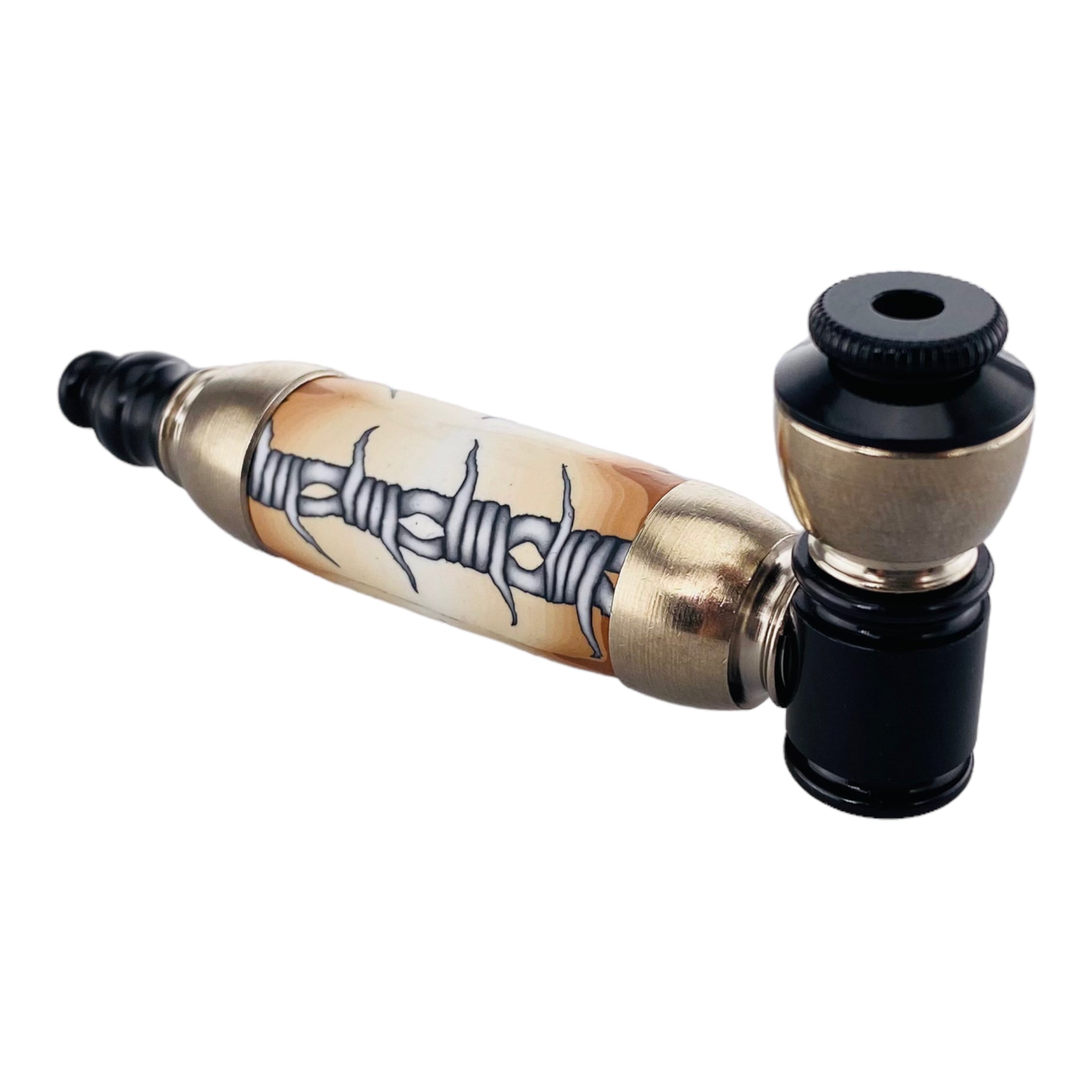 Large Chamber Silver And Black Hand Pipe With Barb Wire