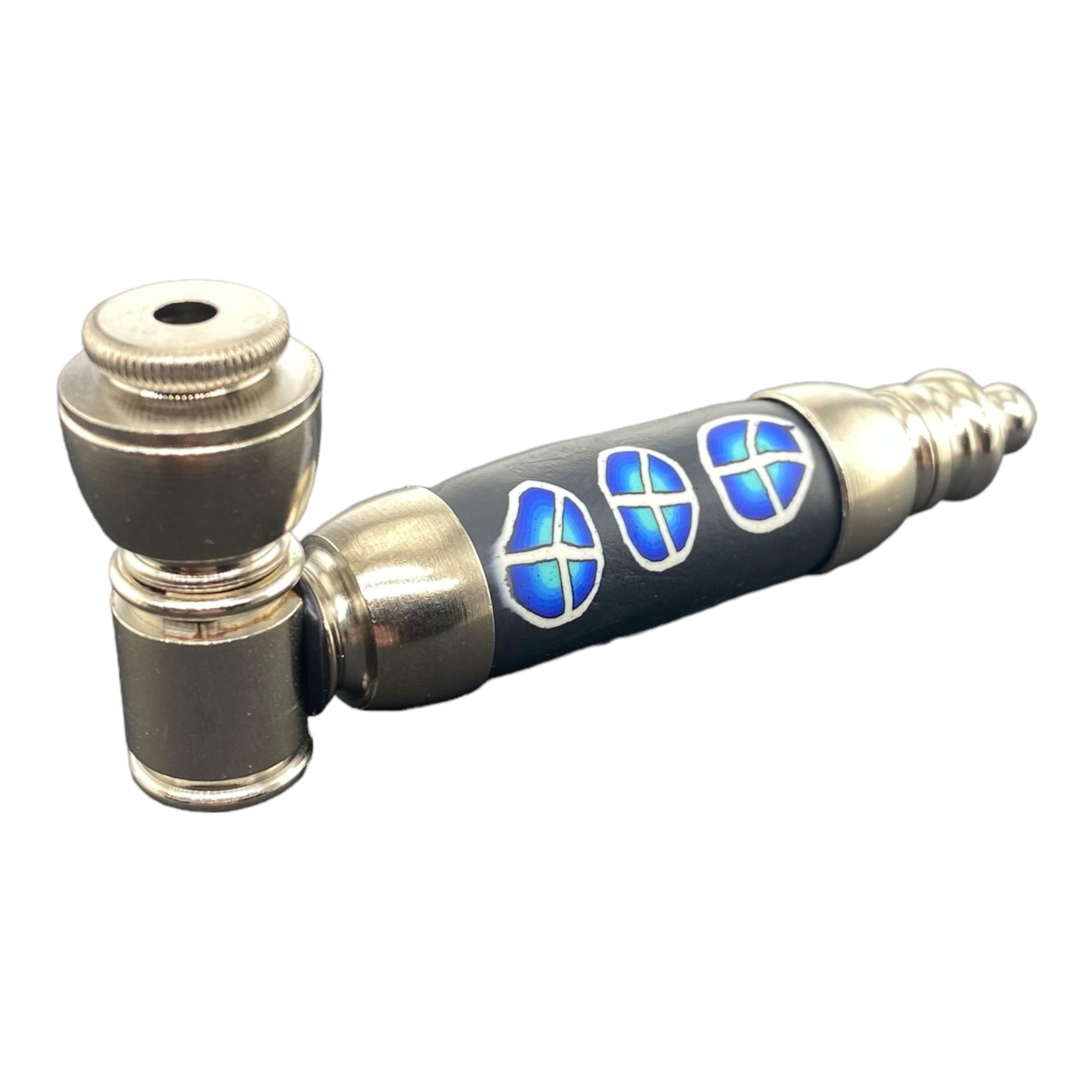 Metal Hand Pipes - Large Chamber Silver Chrome Hand Pipe With Blue Peace Signs