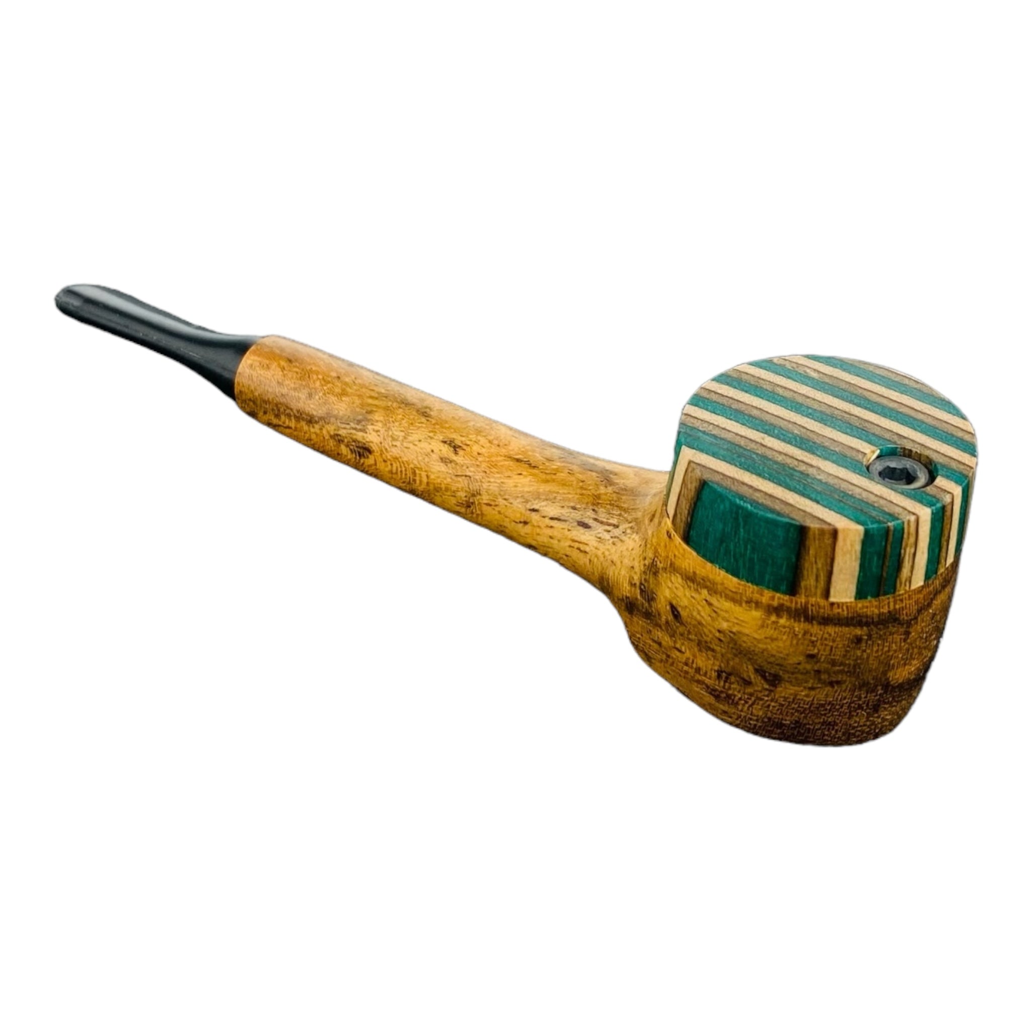 Wood Hand Pipe - Slender Stem With Multi Colored Lid And Plastic Mouthpiece