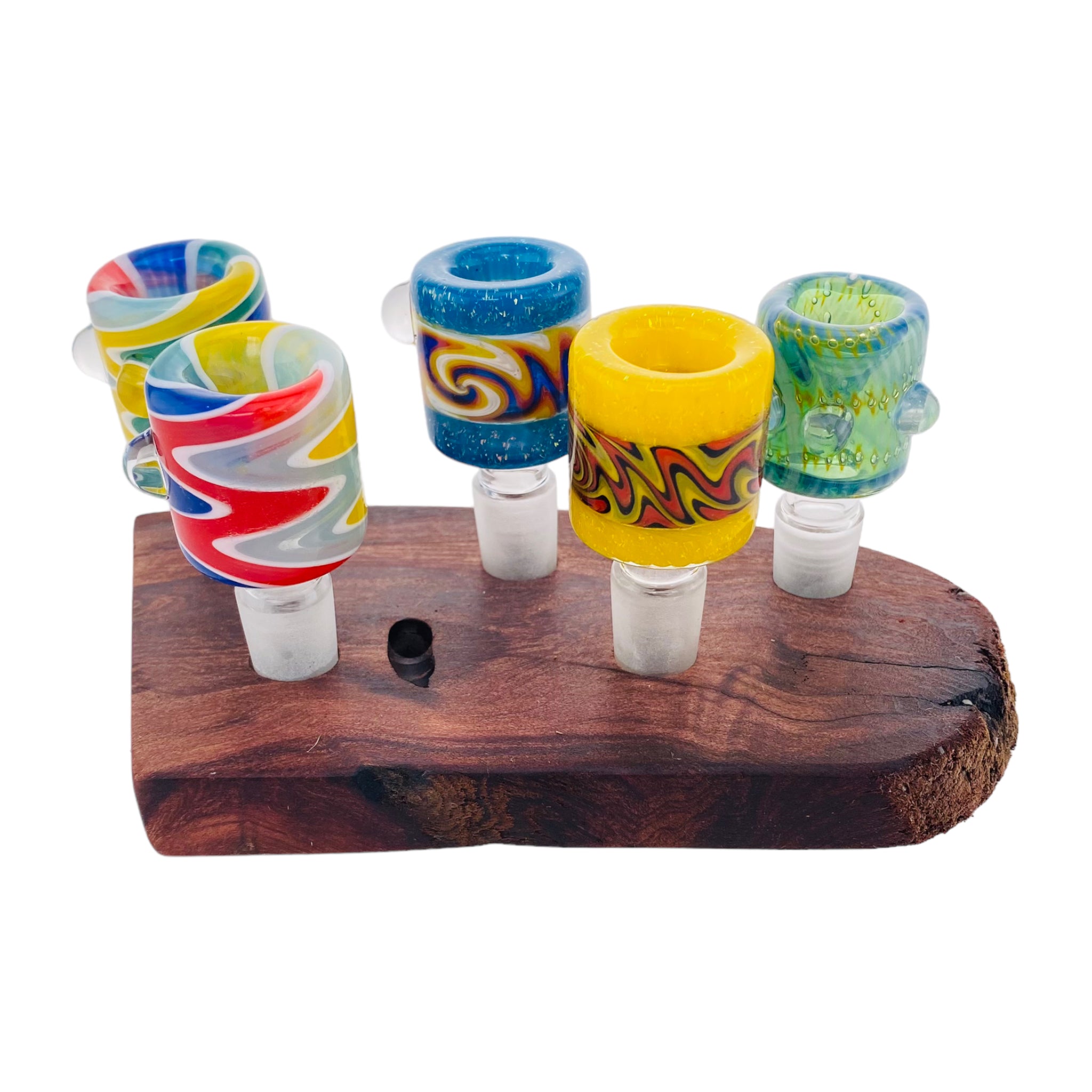 5 Hole Wood Display Stand Holder For 14mm Bong Bowl Pieces Or Quartz Bangers - Red Wood Burl With Live Edge