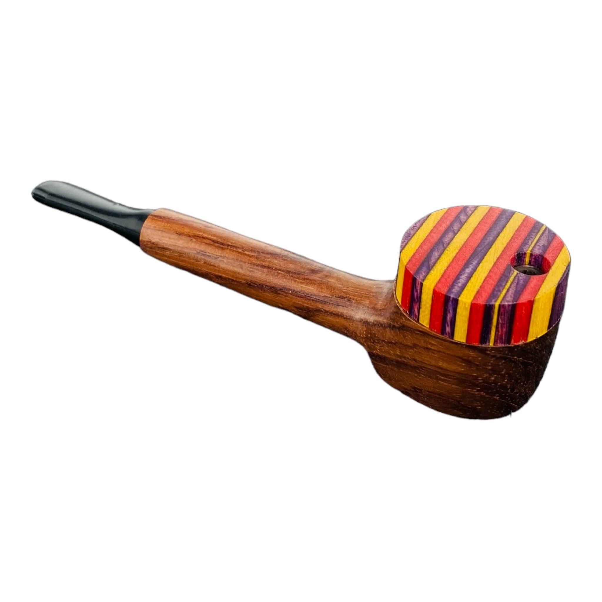 Wood Hand Pipe - Slender Stem With Multi Colored Lid And Plastic Mouthpiece
