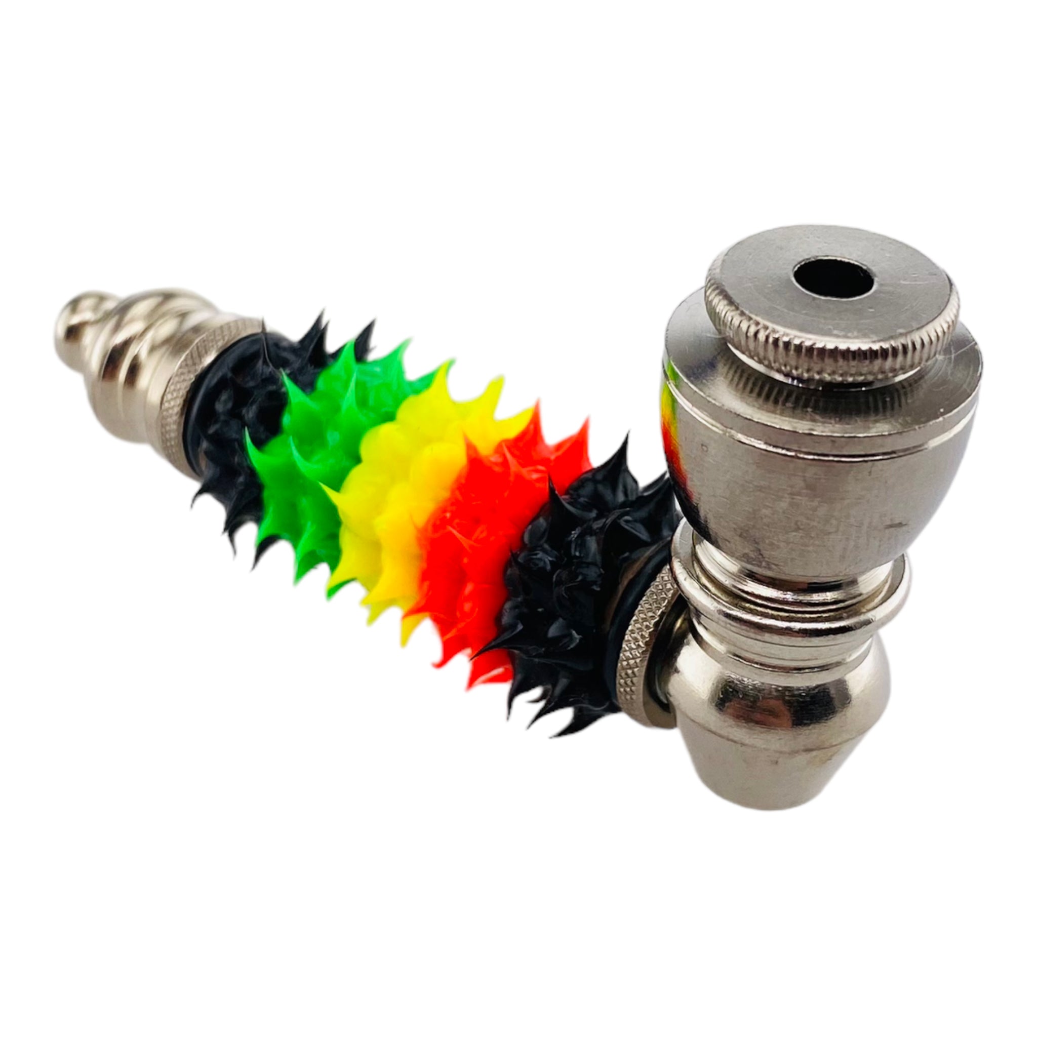Metal Hand Pipes - Silver Chrome Hand Pipe With Skull With Rasta Silicone Spikes