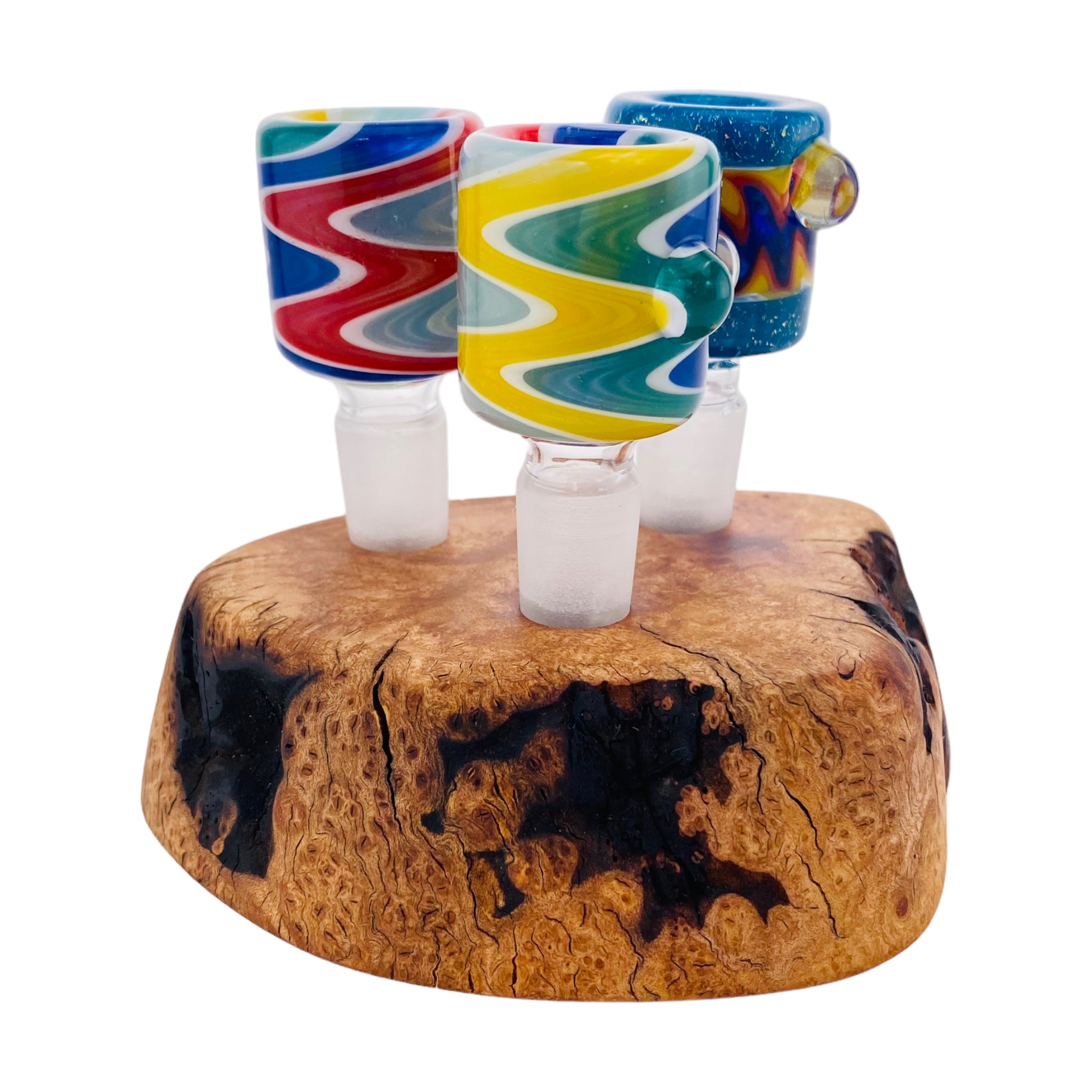 3 Hole Wood Display Stand Holder For 14mm Bong Bowl Pieces Or Quartz Bangers - Charred Manzanita Burl