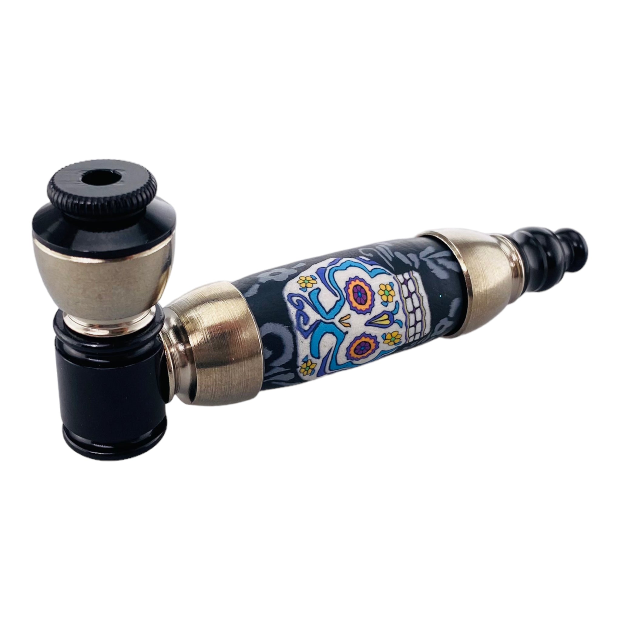 Large Chamber Silver And Black Hand Pipe With Candy Skull