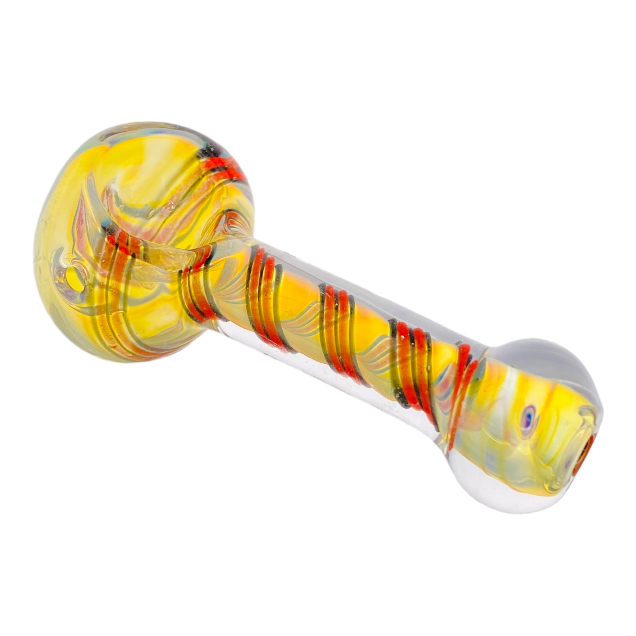 Yellow Color Changing Glass Spoon Pipe With Red And Black Linework Twist