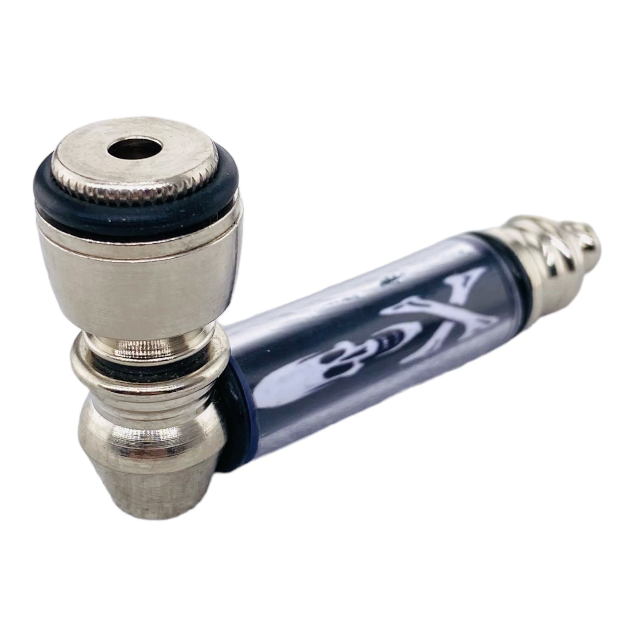 Metal Hand Pipes - Silver Chrome Hand Pipe With Skull And Crossbones Plastic Stem